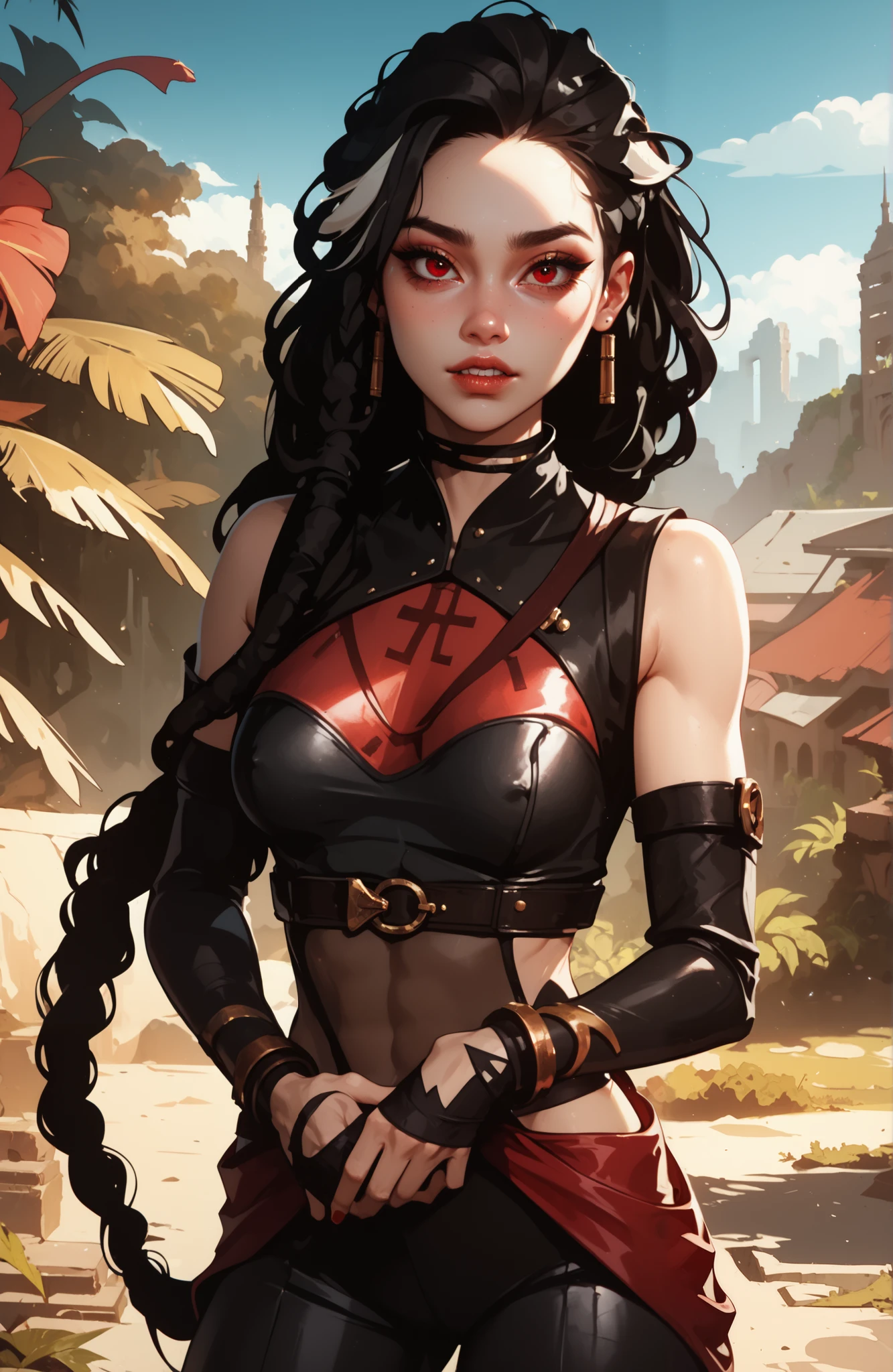 masterpiece, HD , great quality, very aesthetic, absurd,  high contrast ,  high color palette , light glare ,Latest ,2.5D,volumetric lighting, Sweet, jung,  1 girl, aztekisch, round face, slim lips, small breasts, red eyes,athletic body, aztekisch, white hair strands, looks at the viewer, Dreadlocks,  shy, smiles, Anime shark teeth,  background: jungles and Aztec ruins,