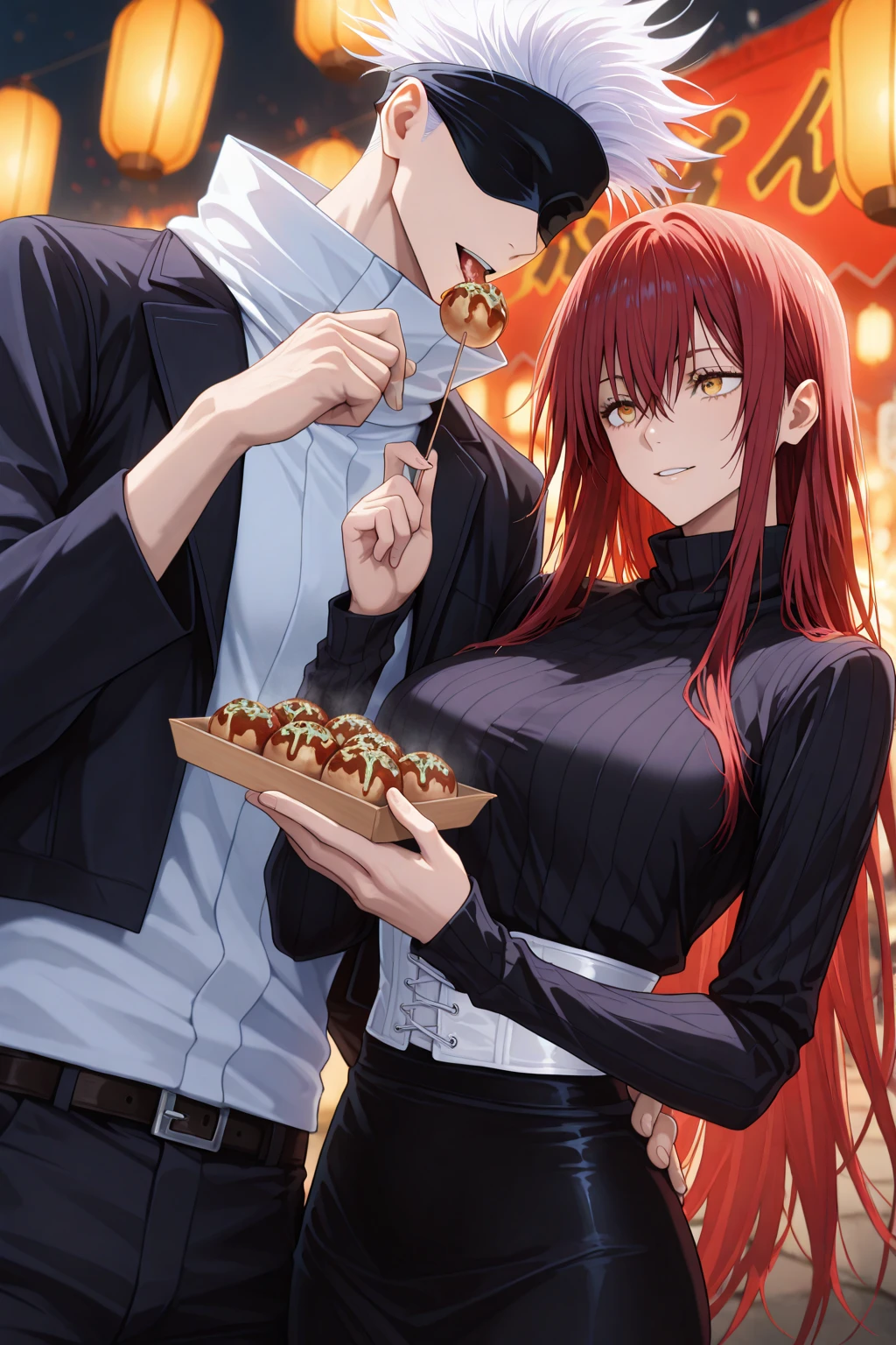 Two men, they are cannibals and they are sitting on each side of the table. The table is well prepared and has very tasty meat dishes. The man in the chair on the left has very pale skin and long blond hair and is wearing a black sweater with light jeans and black shoes. The man on the right has black hair and tanned skin. He is wearing glasses. He is wearing a white dress shirt with suspenders, a red bow tie, black pants, suspenders and black dress shoes. They are in a room prepared for dinner, but in the background you can see an open . The image has to be in anime.