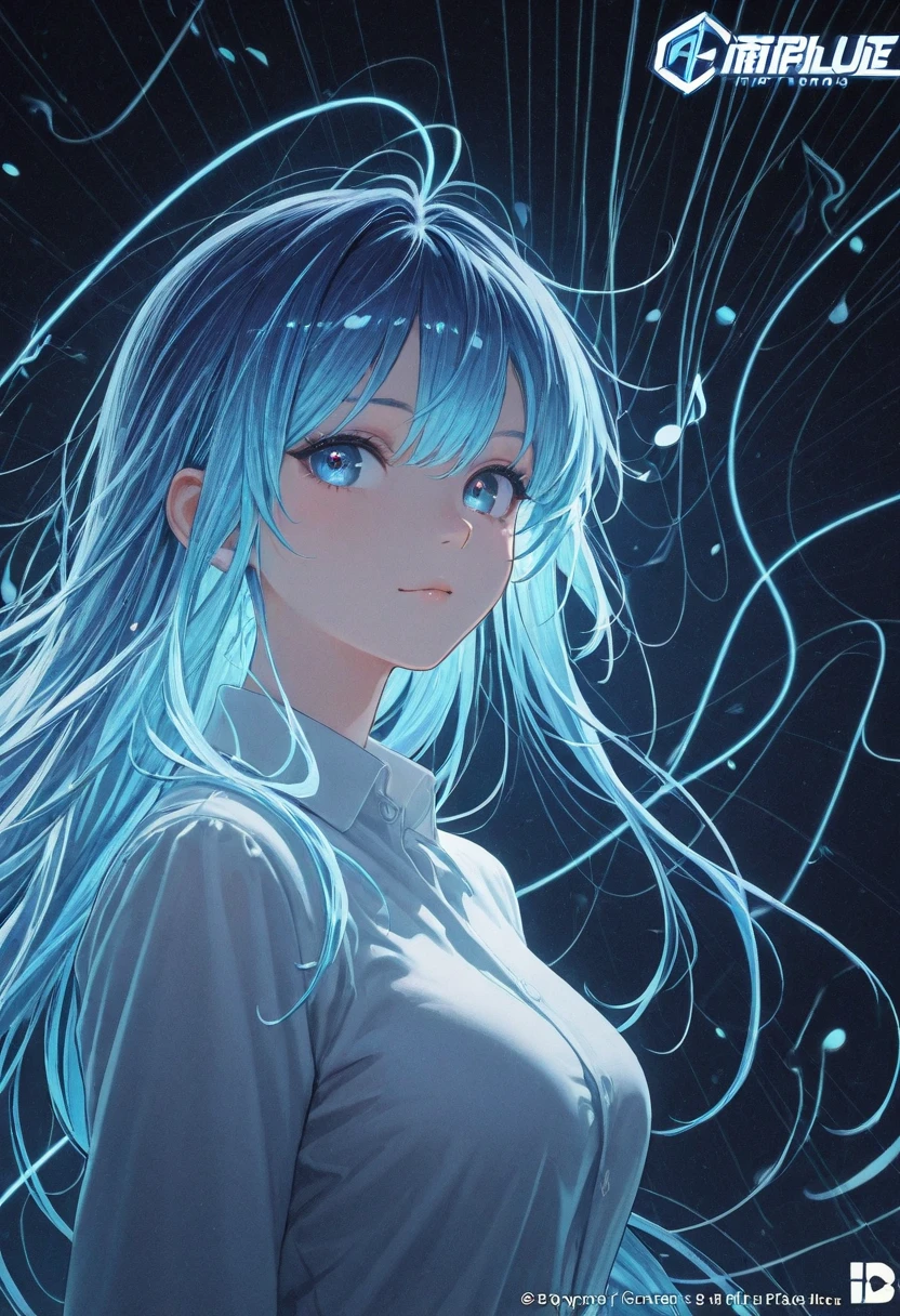 logo HD , the best quality, professional circular logo with electromagnetic waves and musical notes a girl with short blue neon hair, containing blue tones and the words Kadryblue