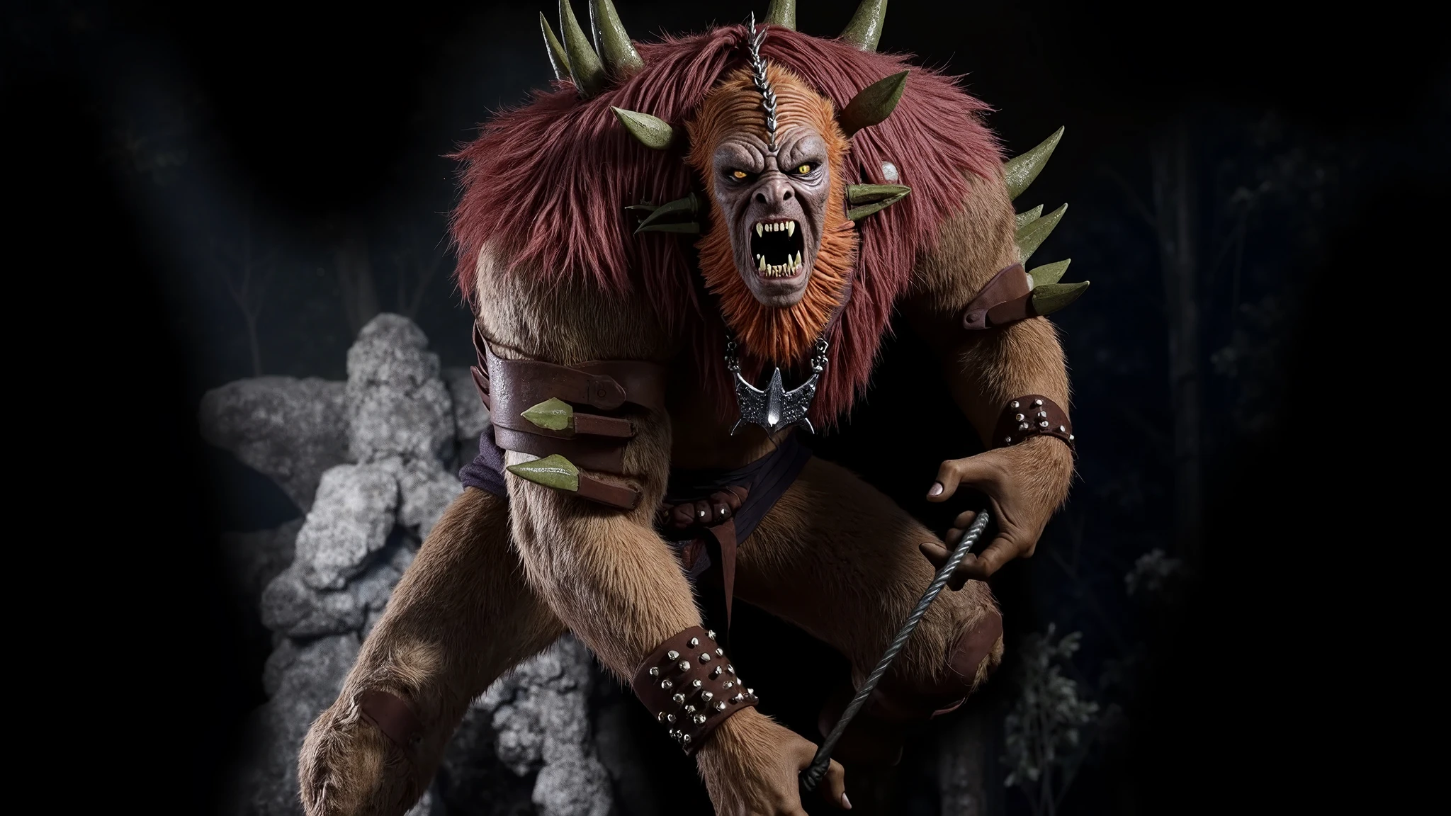ultra-detailed, masterpiece, masterwork, high quality, best quality, hdr, nature, forest, night, nsfw, (solo), male, dragon, chibi, (red little body minotaur), (torn loincloth), (chubby body), (long golden hair), (yellow eyes), standing, dynamic angle, (foreskin, big penis, detailed penis perfect balls), cross your arms