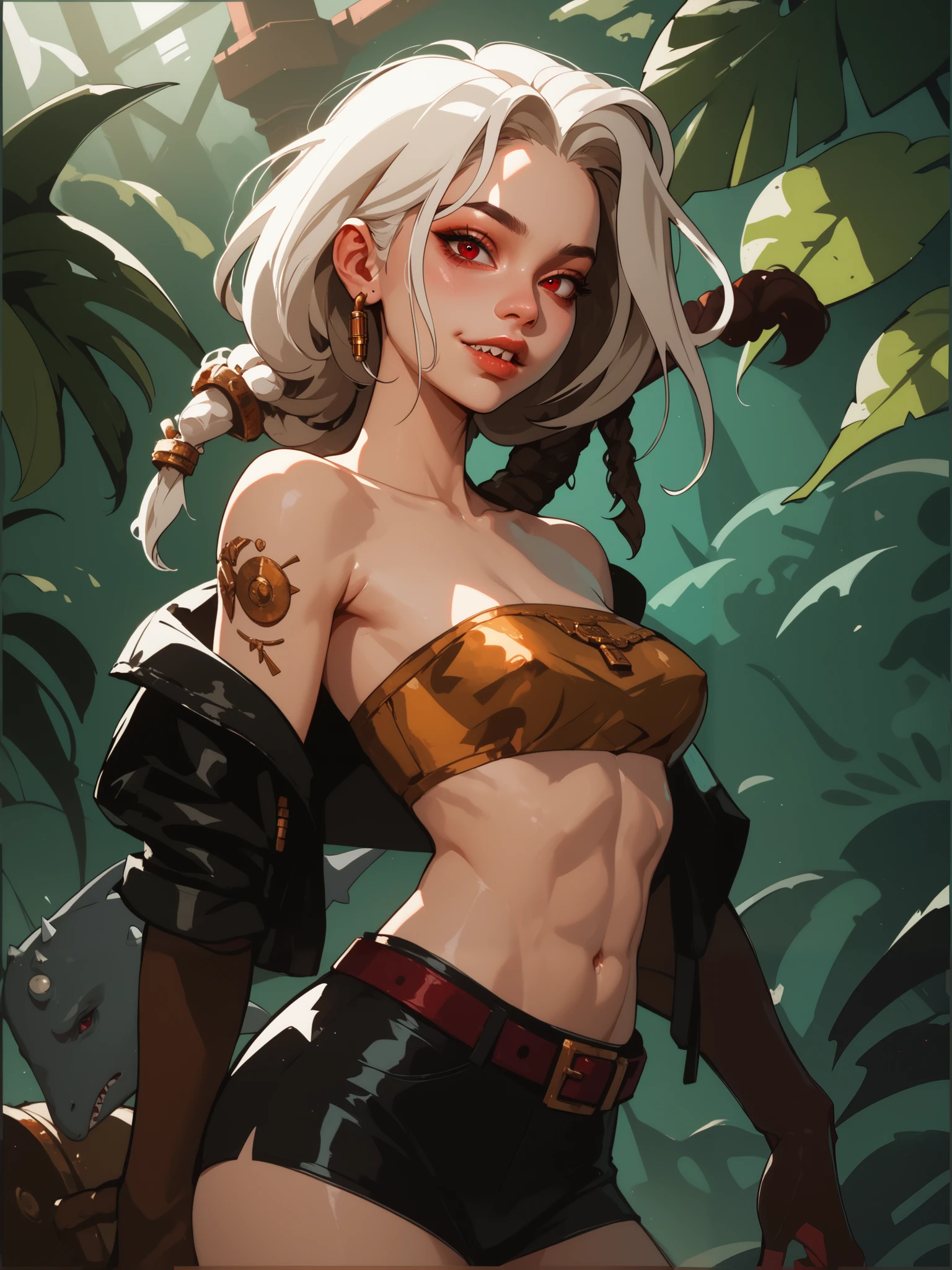 masterpiece, HD , great quality, very aesthetic, absurd, high contrast , high color palette , light glare ,Latest ,2.5D,volumetric lighting, Sweet, jung, 1 girl, aztekisch, round face, slim lips, small breasts, red eyes,athletic body, aztekisch, white hair strands, looks at the viewer, Dreadlocks, shy, smiles, Anime shark teeth, background: jungles and Aztec ruins,