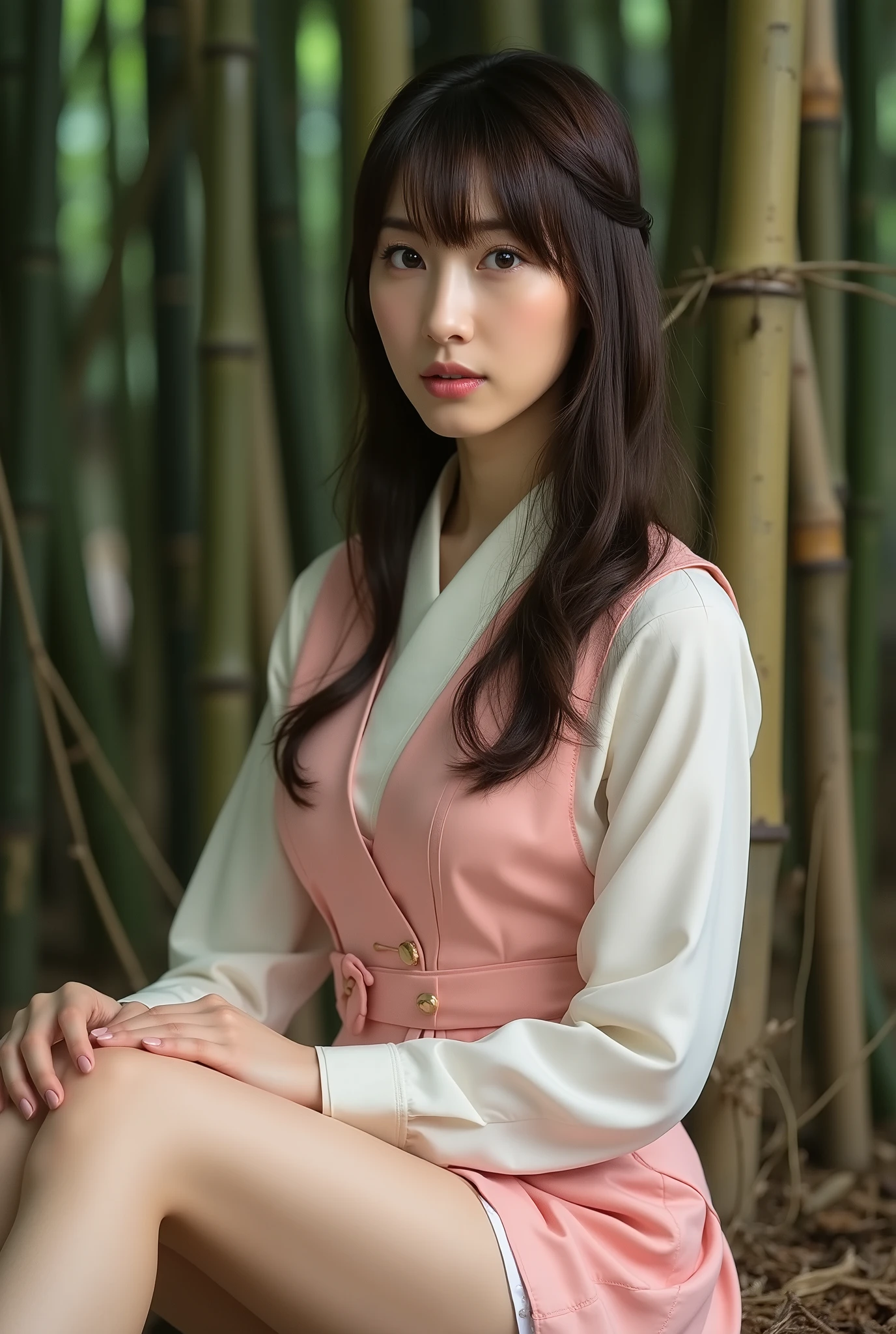 Create a portrait of a stunning Japanese idol dressed in a cute idol-inspired outfit. She has semi-long hair, a slender physique, small breasts, and thin legs. The background features a bamboo forest, and she is sitting. Use cinematic lighting to enhance the scene.