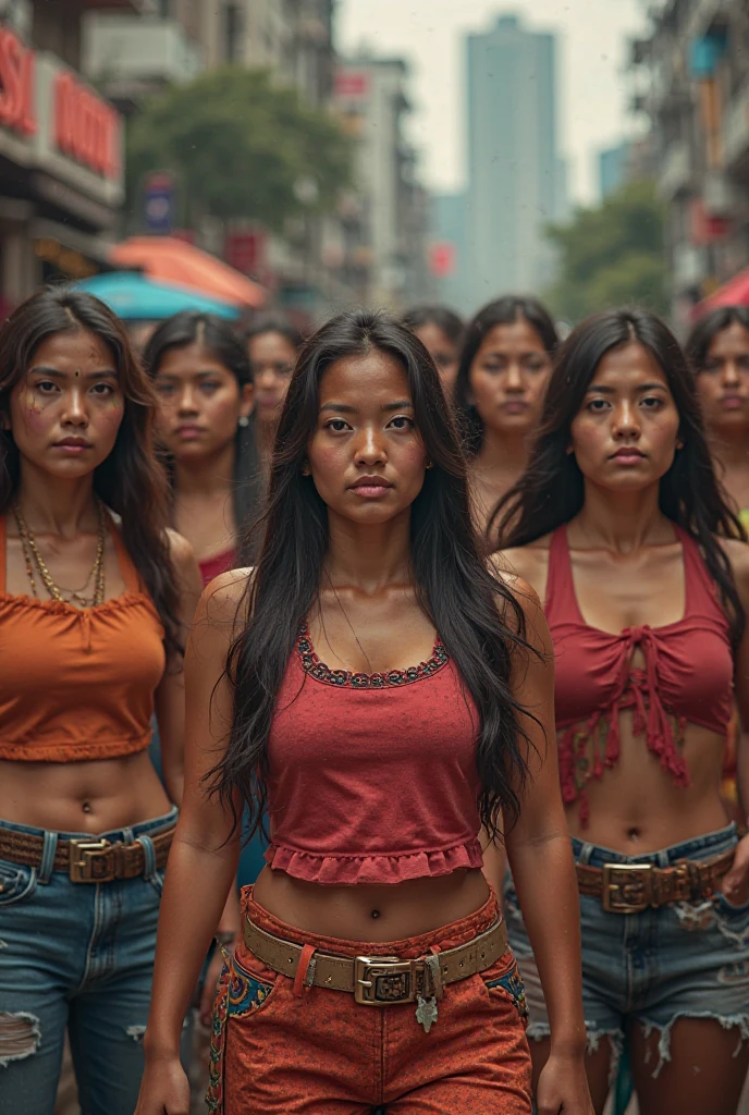 ((10woman)), ((25 years Old)), ((Sensual Lips)), ((beautiful Cambodian woman)), (Massive Gigantic Colossal : 1.3), ((sexy lace torn rags like beggars)), curvy body, ((Full body)), a group of Cambodian Young Women standing each other in front of a shabby tent. The background shows a shabby, urban setting with rundown buildings, littered streets, and a gloomy atmosphere.