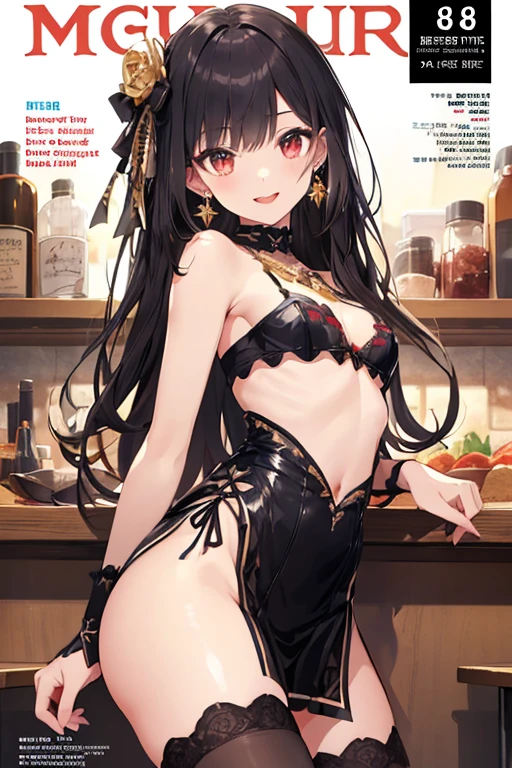 1 girl, small nose, very beautiful detailed face and eyes, bright colors, cute face, delicate beautiful face, Bright magenta eyes, cute eyes, sparkling eyes, Big eyes, (big breasts:1.3), (perky chest:1.1), (pointed chest:1.0), (cake magazine cover:1.3)，highest quality, WorKs of masters, High resolution,BlacK color hair，shiny hair, side ponytail,hair between eyes,bangs, (black jacket, real clothes, cleavage, black skirts, black thighhighs, thigh strap, fingerless gloves, single glove:1.2) , spread legs, panties shot, medium hips, glamorous body, white skin, smile, thin pubric hair, super beautiful face, Super beautiful eyes, Super beautiful hair，trendy outfit，sexy and attractive,full body esbian, Real World, Natural light,perfect Natural light,(with sparkling eyes and a contagious smile), This masterpiece is not only visually stunning but also tells, make of cake cooking , in the kitchen, open mouth, looking at viewer, 