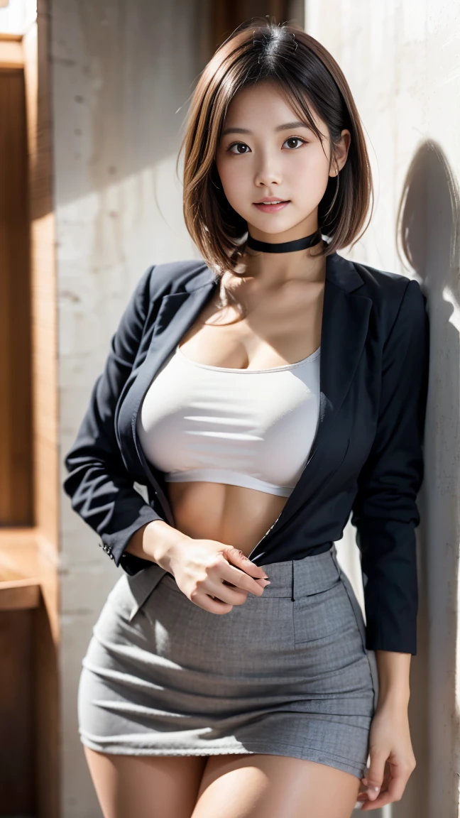 disorganized, RAW photo, very delicate and beautiful, masterpiece, highest quality, ultra high resolution, 16k, surreal, super detailed, perfect anatomy, super dense skin, perfect figure, Highly detailed CG 8k wallpaper, 20's, very slim body, (tight waist:1.1), very small head, very small face, delicate features, tearful mole, earrings, thin legs, (very huge round breasts:1.2), full body shot, short hair, wavy hair, Sweat, school uniform, (blazer:1.2), shirt,
