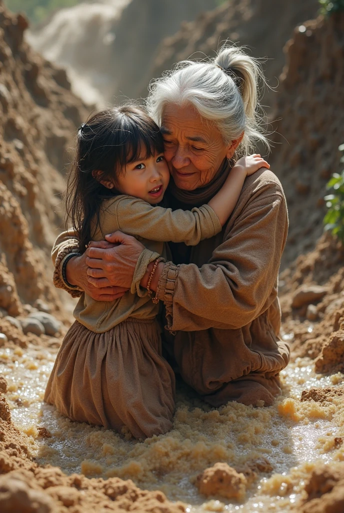 A grandmother with a loving face tries to protect her crying child while sitting on the floor after her house is on fire