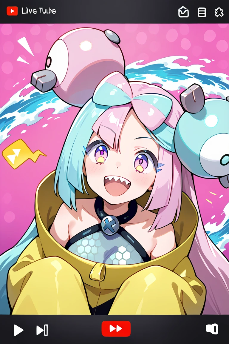 pokemon iono, blue hair, bow-shaped hair, character hair ornament, hair ornament, long hair, low-tied long hair, multicolored hair, pink hair, sharp teeth, split-color hair, twintails, two-tone hair, pink eyes,youtube,Live Stream、smile、waves