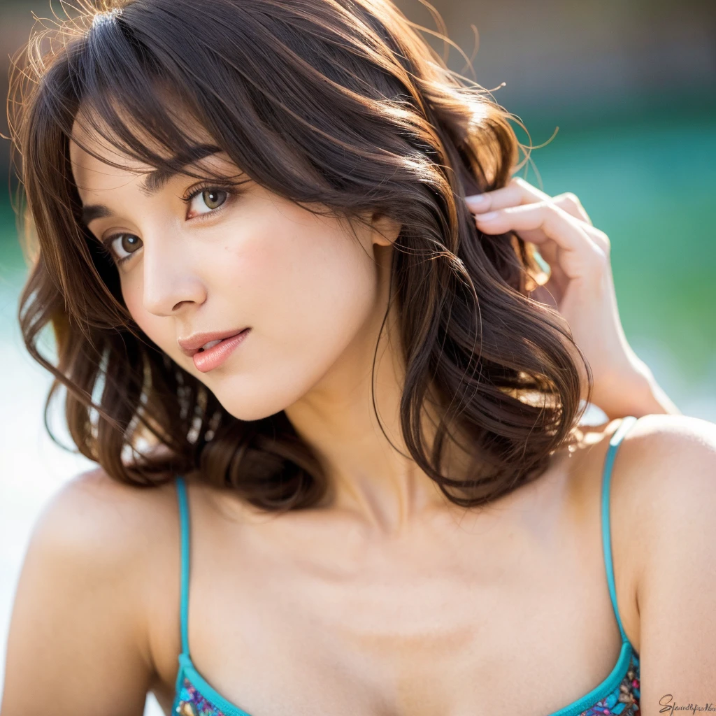 1 girl, standing alone, Japanese, best qualityer, ultra high resolution, CRU photo, (photorrealistic:1.4), work of art, face detailed, detailedeyes, skin detailed, shining skin, (Purple sexy bra:1.2), (gigantic breastss:1.1), Bob Cut, ssmile, silver necklace, looking ahead at viewer, from front view, From  above, against the white wall,