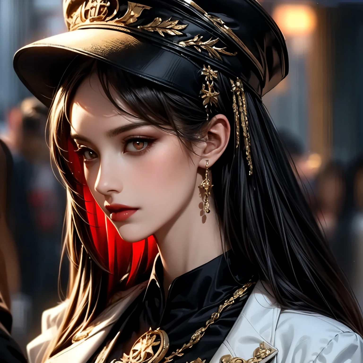 ((best quality)), ((Masterpiece)), ((Enrich the picture,Masterpiece level quality)), black hair, Curtainbangs very big breasts, golden eyes, fierce woman, street fasion, eyes details, best quality, RAW 4K, Realistically, ( cinematic lighting, moody, textile shading), perfect proportions, ultra detailed, volumetric lighting, soft lighting, glossy skin, a woman wearing a black gothic style military uniform, black military hat with gold details, beautiful face, Special face details, black outfit, white coat, strong emotions, elegant gesture, flowing dress, Detailed facial features, Long eyelashes, contrast, great details, Incredible atmosphere, Gothic style, black and white plate, Fascinating setting, Haunting beauty,