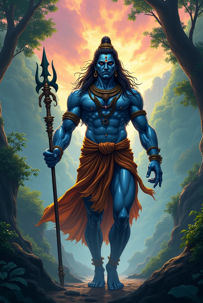 a powerful muscular lord shiva, blue tinted night sky with cloudy moon, lord shiva holding trishul, closeup shot, extremely detailed skin and well detailed eyes (best quality,4k,8k,highres,masterpiece:1.2),ultra-detailed,(realistic,photorealistic,photo-realistic:1.37),dramatic lighting,cinematic composition,intricate details,vibrant colors,mystical atmosphere, 