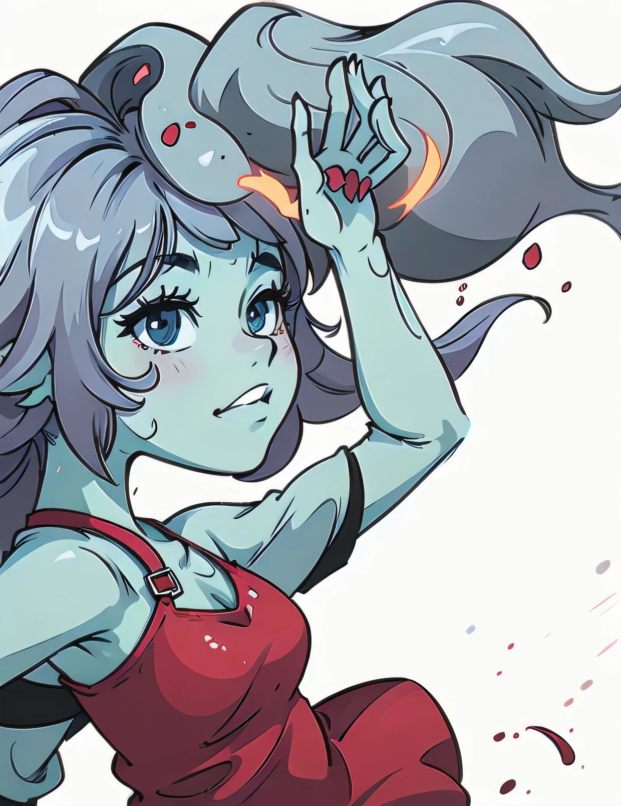 score_9_up, score_7_up, dynamic pose, portrait, headshot, straight-on, 1girl, ghost, monster girl, undead, medium hair, white hair, red eyes, red sclera, (eye bags), colored skin, pale blue skin, skinny, wide hips, (transparent skin), small breasts, , fog, <lora:picolo:1>