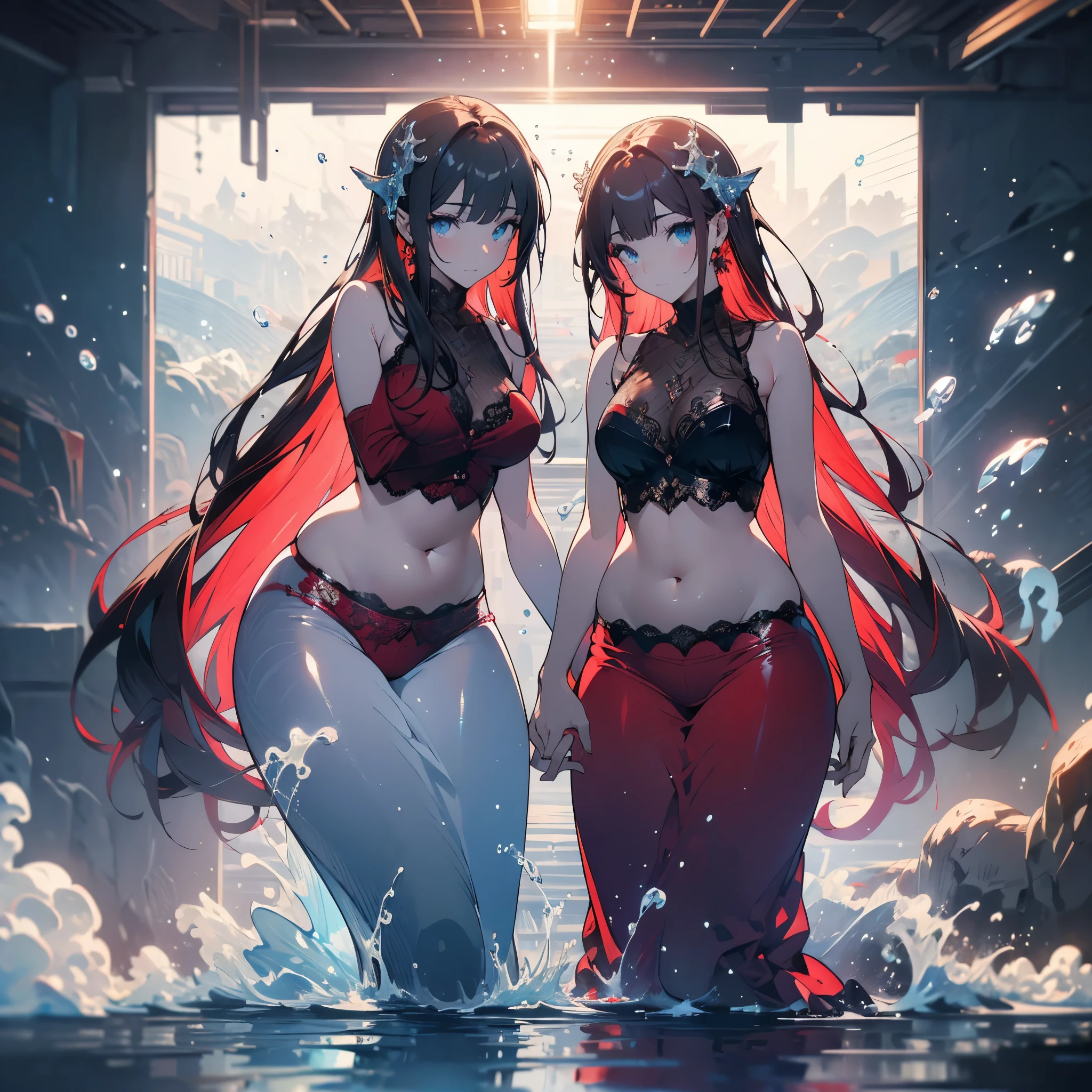 ((best quality)), (Ultra Detailed), ((Extremely detailed)), (fair), ((Kawaii girl)), ((Ultra HD)), (masterpiece), (high quality), (best quality), (4K), (high quality), (1 girl), (Hug each other),Parted bangs, ((Hair intake)), Long hair, (Random Hairstyle), Larger breasts, slim body, (one piece swimsuit), (Transparent fabric) Revealing underwear super short transparent skirt succubus normal arms