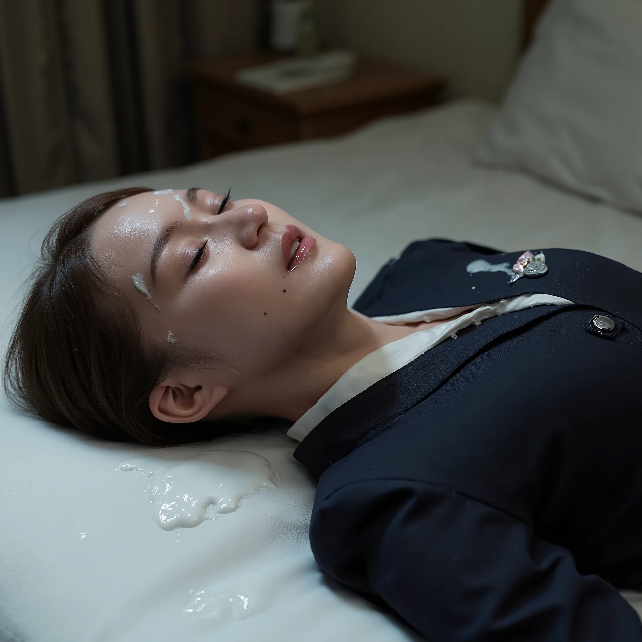 A pretty Japanese stewardess is laying unconscious on the bed, sleeping, eyes close, do not smile, cum on head, a lot of cum on face, cum on cheek,