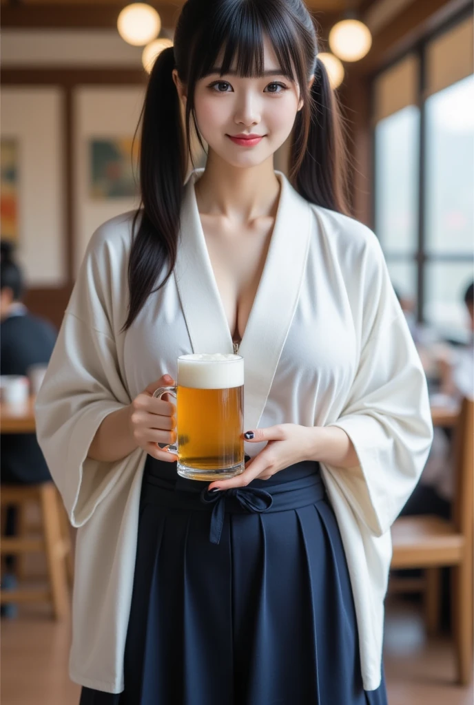 (high quality:1.2,Ultra-realistic) 、Detailed face、Detailed eyes、Beautiful Japanese Woman、22 years old、Black Hair,(Cleavage:1.2)、(breasts out),(nipples slip),The chest is on the table、ryokan, BREAK (wearing light pgray Japanese Checkered pattern yukata,obi),((ryokan yukata,onsen yukata)),Sitting at the table, (Big smile,Happy expression:Pure joy),she has (half updo hair) and、 (Holding a large beer mug on the table)、(no bra,braless:1.3),(blushing:1.5),(Glasses),