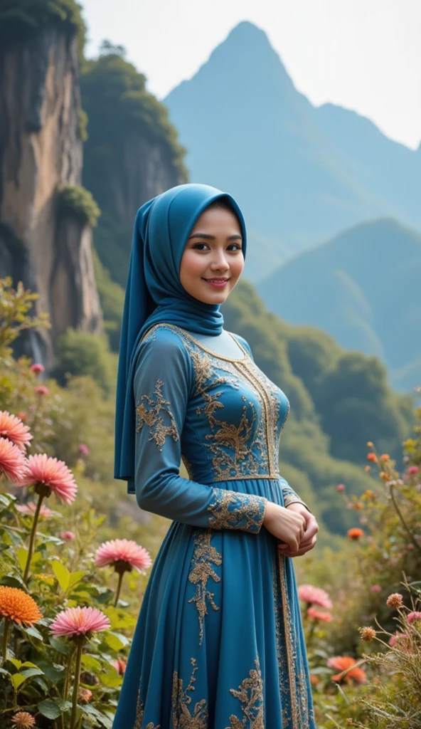 A 30-year-old Malaysian woman stands gracefully in a vibrant, lush tropical garden, surrounded by verdant foliage and colorful blooms. She has a flawless complexion, glossy lips, striking big eyelashes with perfectly applied eyeliner, and double eyelids. Her hijab is styled uniquely, featuring flowing, intricate layers and delicate embroidery, adorned with geometric patterns in soft pastel hues, and accessorized with a chic brooch.

The woman’s outfit is modern and chic, enhancing her elegant appearance. She is smiling softly, looking to the side, and gently touching her hijab with both hands. The detailed lighting emphasizes the rich textures and colors, creating an ultra-realistic effect. Subtle elements of surrealism, like softly glowing flowers and a slight ethereal glow around her, add a magical touch to the scene.