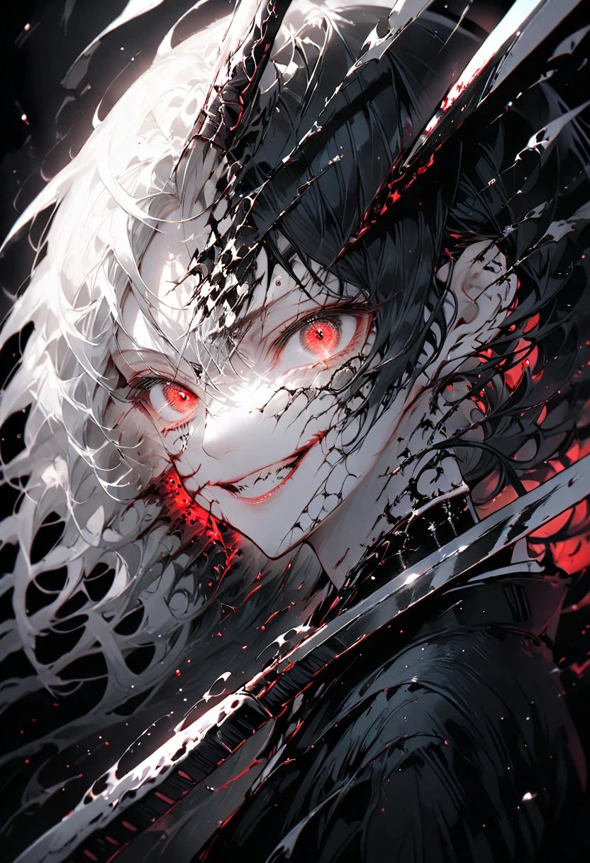 (((Nsfw, Vulgar))),wet-on-wet oil painting depicting a dark angel, a semi-realistic full body portrait, blood on the angel face,, red eyes, gorgeous painting, breathtaking, semirealistic, beautiful colors, evil, beautiful red eyes, detailed textures, massive blackdark feathers, blood, white hair, evil grin, evil smile