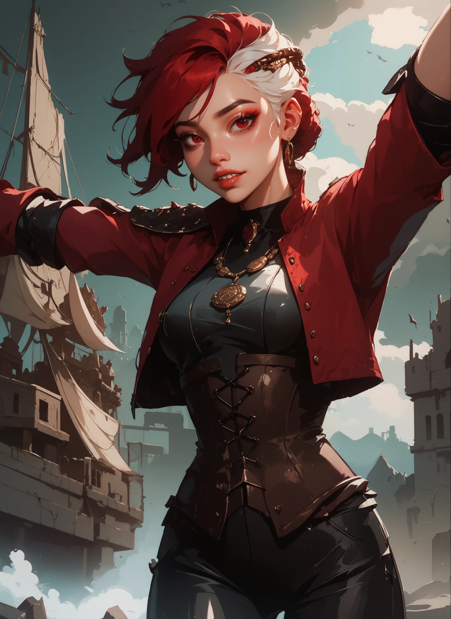 masterpiece, HD , great quality, very aesthetic, absurd, high contrast , high color palette , light glare ,Latest ,2.5D,volumetric lighting, Sweet, jung, 1 girl, aztekisch, round face, slim lips, small breasts, red eyes,athletic body, aztekisch, white hair strands, looks at the viewer, Dreadlocks, shy, smiles, Anime shark teeth, background: jungles and Aztec ruins,