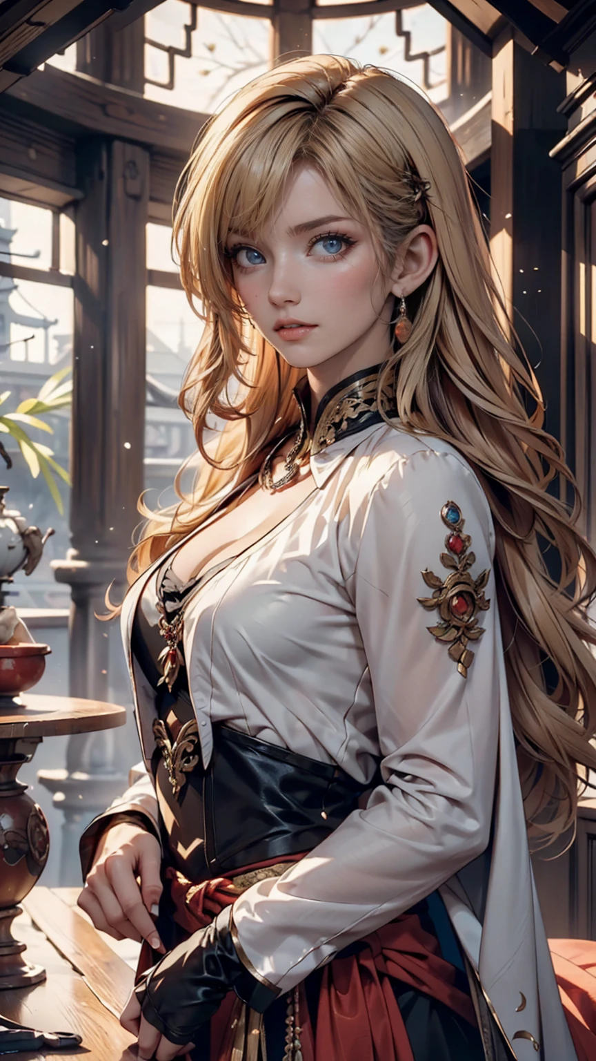 (Masterpiece: 1.2, Best quality), Realistic, (Realistic picture, Complex details, Depth of field), Best quality, Masterpiece, Highly detailed, Half realistic, 1 girl, Mature female, 21 years old, with short golden hair, The left eye is covered with hair, Blue eyes, The king's clothes, Red cloak, Slim figure, A crown made of precious gold, Read and mark up documents, quill, office desk, Soft bench，04
