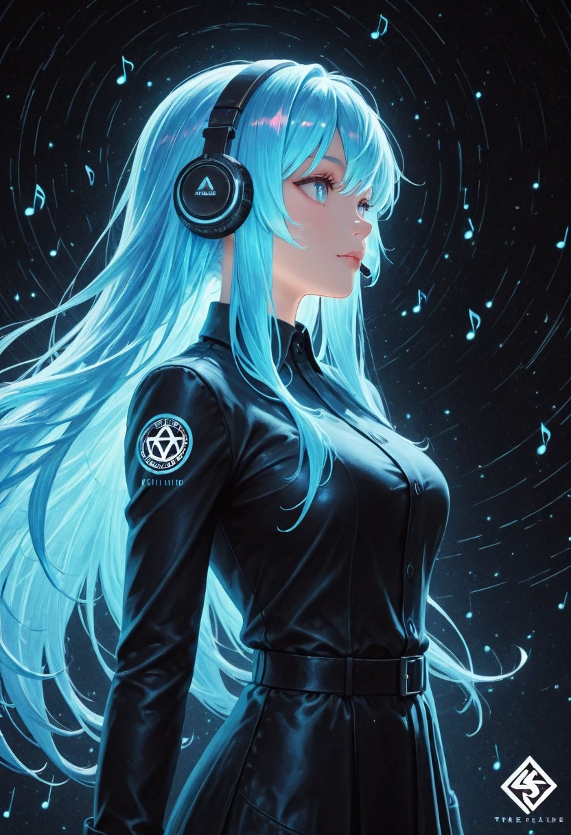 logo HD , the best quality, professional circular logo with electromagnetic waves and musical notes a girl with short blue neon hair, containing blue tones and the words Kadryblue