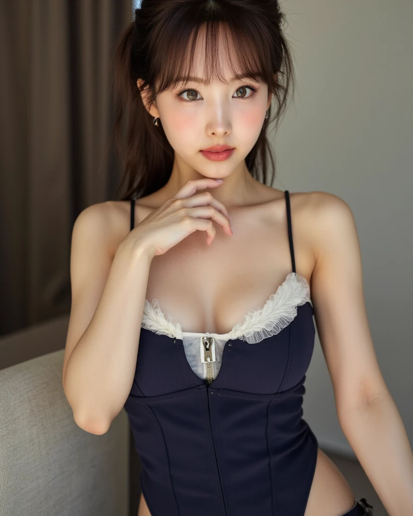 Best Quality、Realistic、ultra-detailliert、masutepiece、a beauty girl、Black lingerie、20yr old、huge tit、Random and sexy poses、disheveled clothes、Patchy eyes、