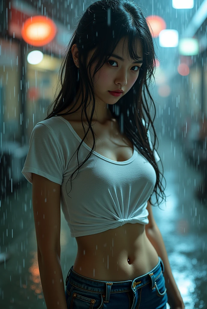 A girl was completely drenched in the rain, her big breasts were wet and her short clothes were on.