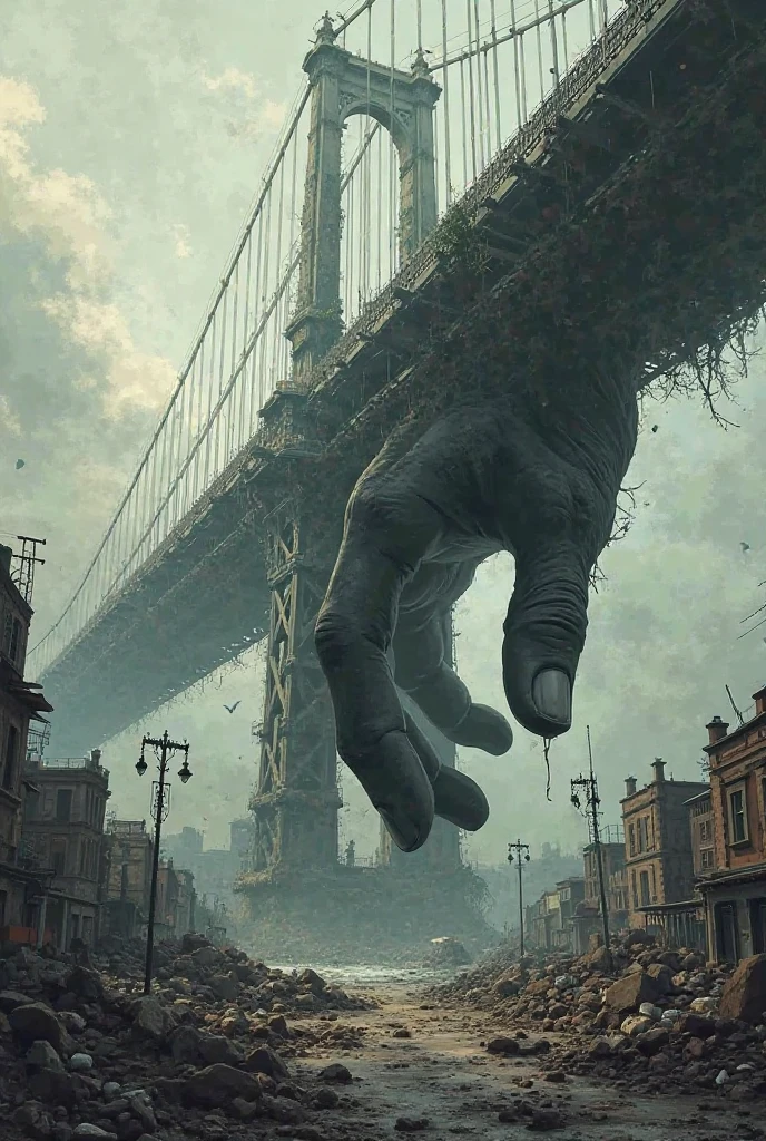 Create a giant hand that looks like a spider or a monster that walks down an abandoned street full of fog., horror