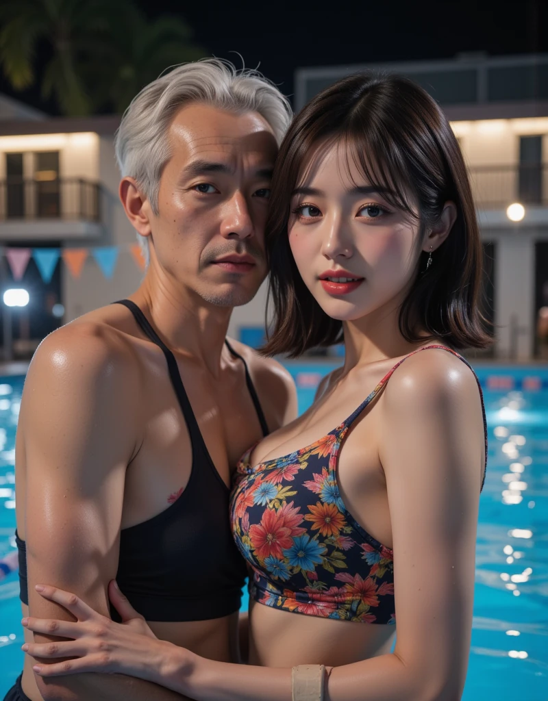 A couple is bathing in the swimming pool. The couple is wearing short clothes. The girl has big hips. It is evening.
