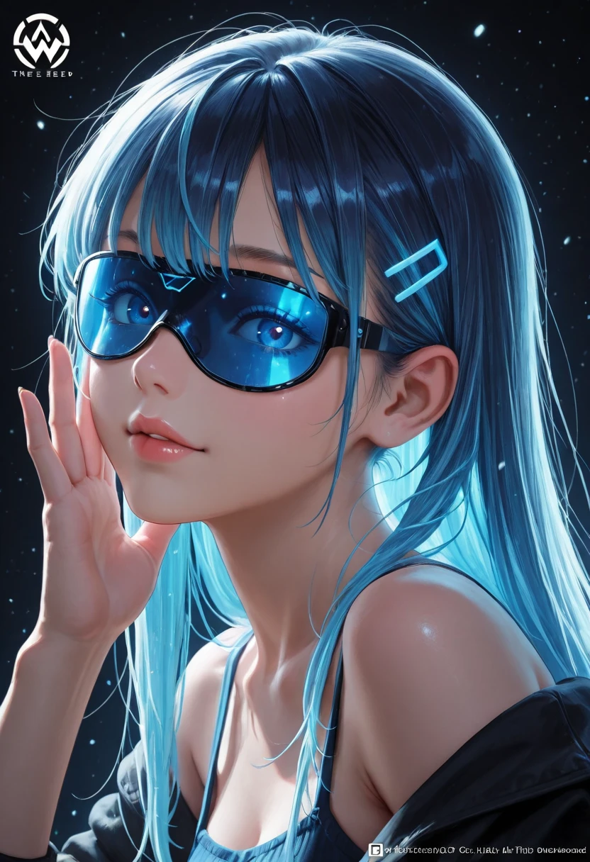 logo HD , the best quality, professional circular logo with electromagnetic waves and musical notes a girl with short blue neon hair, containing shades of blue and the word Kadry