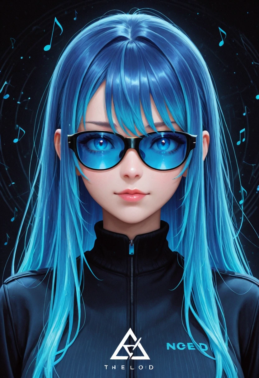 logo HD , the best quality, professional circular logo with electromagnetic waves and musical notes a girl with short blue neon hair, containing shades of blue and the word Kadry