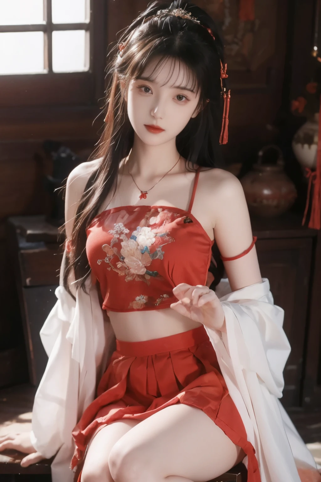 (Masterpiece), (nonsense), (The lens focuses on the thigh.), Shiny skin, girl, alone, Sparkling students, Long eyelashes, gag, long hair, Striped hair, Wavy hair, (Chinese marsupial:1.27),(red doll coat:1.2),see viewers, (snowy,nighttime,bright old temple:1.3), movie light,(Ultra-realistic textile textures),,award winning photos, มีdetailsมาก, miraculous, details, (มีdetailsมาก eyes:1.125) and face, กล้อง Kodak Porter 400 F1.6, colorful lenses ,Realistic textures, very realistic ,unreal engine ,Trend Tungsten Lamp ArtStation Cinestill 800, beautiful woman, Ulzzang-6500, (seductive smile),