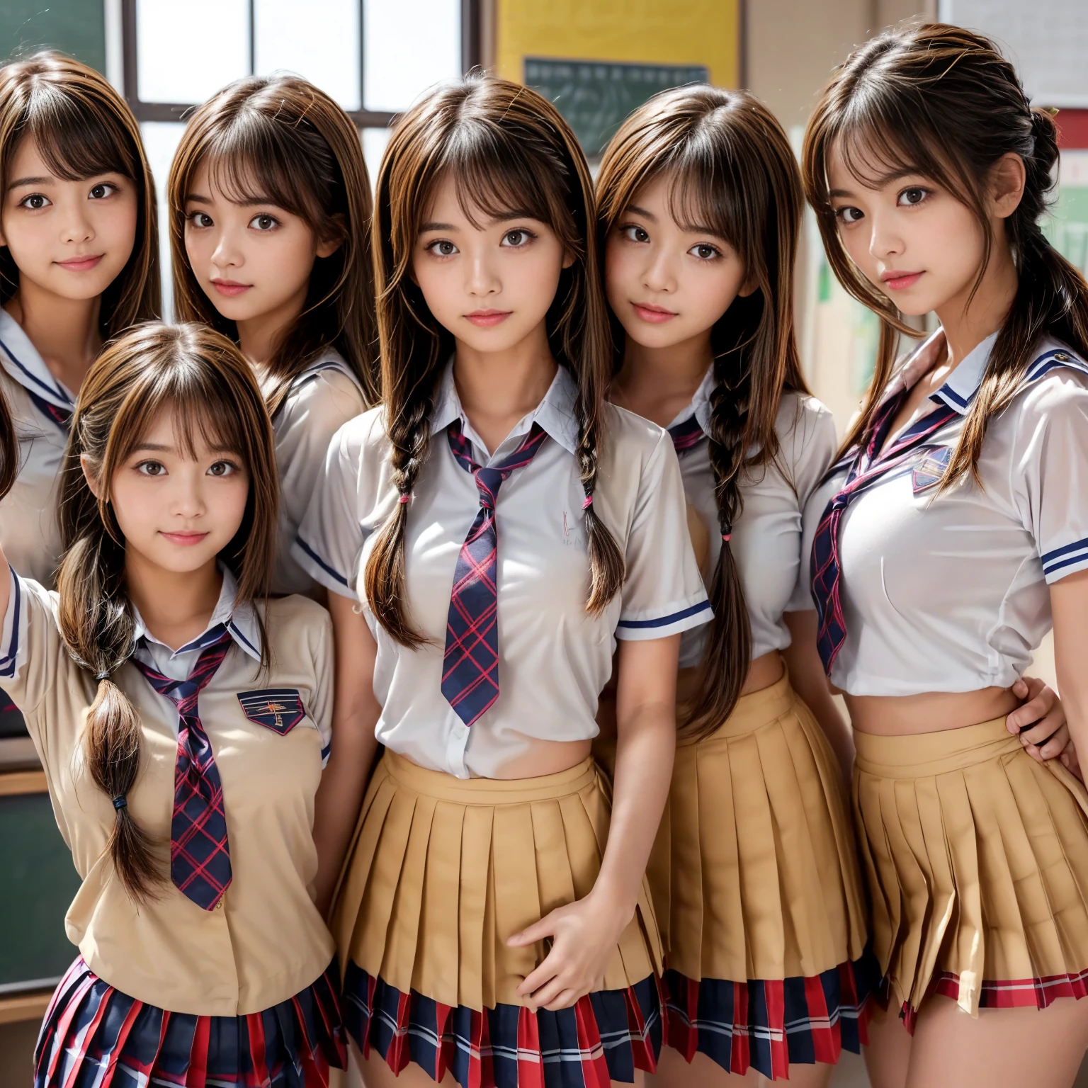 (Masterpiece, Professional lighting, 16k, 8k wallpaper, raw photo, photorealistic:1.8, ultra detailed, natural gentle lighting, detailed skin, detailed face, detailed eyes, textured skins, cinematic composition, detailed background:1.2 ), (High school girls inside royal bed room:1.4, Japanese highschool uniform), looking at viewer, Shy face, shy, embarrassed, grin:0.7, silky skins, no makeup, glossy lips, group shot, (identical school uniform, silky white, see through:0.9), (naked :0.3), (3 girls:1 perfect style, slender), ((attractive feminine body)), laced bra, silky panties, ((wearing identical seifuku, spread legs, pleated skirt, highthigh, blouse, see through))