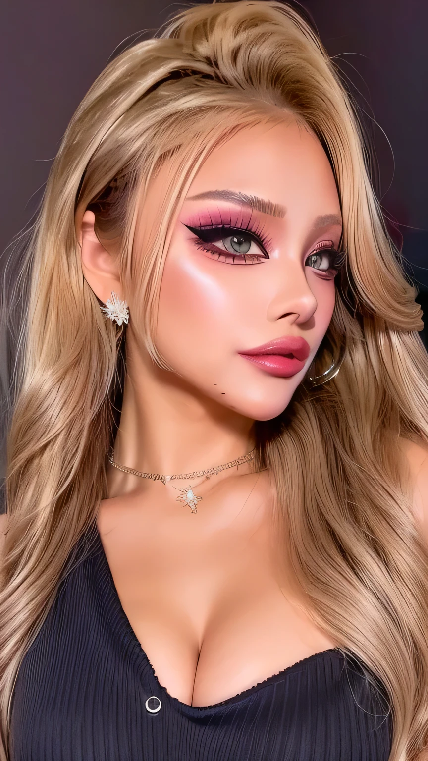 ( cowboy shooting、 top quality、8k、 Award-Winning Works 、 Ultra High Resolution)、 beautiful woman、( black sweater , sexy cleavage :1.1)、perfect big breasts、( blonde alone :1.1)、 Perfect nice buddy with torn sleeves 、 soft, Thin, Beautiful Lips 、Perfect Gal Makeup、 Shine Glitter Lip Gloss、Metallic Lip、METALLIC LIQUID LIP COLOR,metallic lips, big lips,x ornament , ornament , duck face, Duck mouth、Focus on thick lips, metallic pink brown lips、Bright Shiny Lipstick 、( heavy makeup for women :1.2)、( Dark Brown Around Your Eyes Is Beige :1.1)、 beautiful bright eyeshadow 、 Dark Makeup Around Eyes 、(Big Breasts:1.2)、 super long wave hair 、(Romantic affection:1.1)、 best smile when he sees me 、( a lot of people highlight their body lines ..:1.1)、( strongly blurry、 A lot of people stand out for their clear images 。:1.1)、( The image is clear 、 jacket :1.1)、 accurate anatomy、 ultra hd hair on bed、( ultra high resolution perfect beautiful teeth:1.1)、ultra high definition beautiful face 、 ultra hd hair on bed、 crystal clear bang 、Ultra HD Shining Eyes、Shining ultra high resolution beautiful skin、 Ultra High Resolutionの艶やかな唇、 Harry Winston Necklace