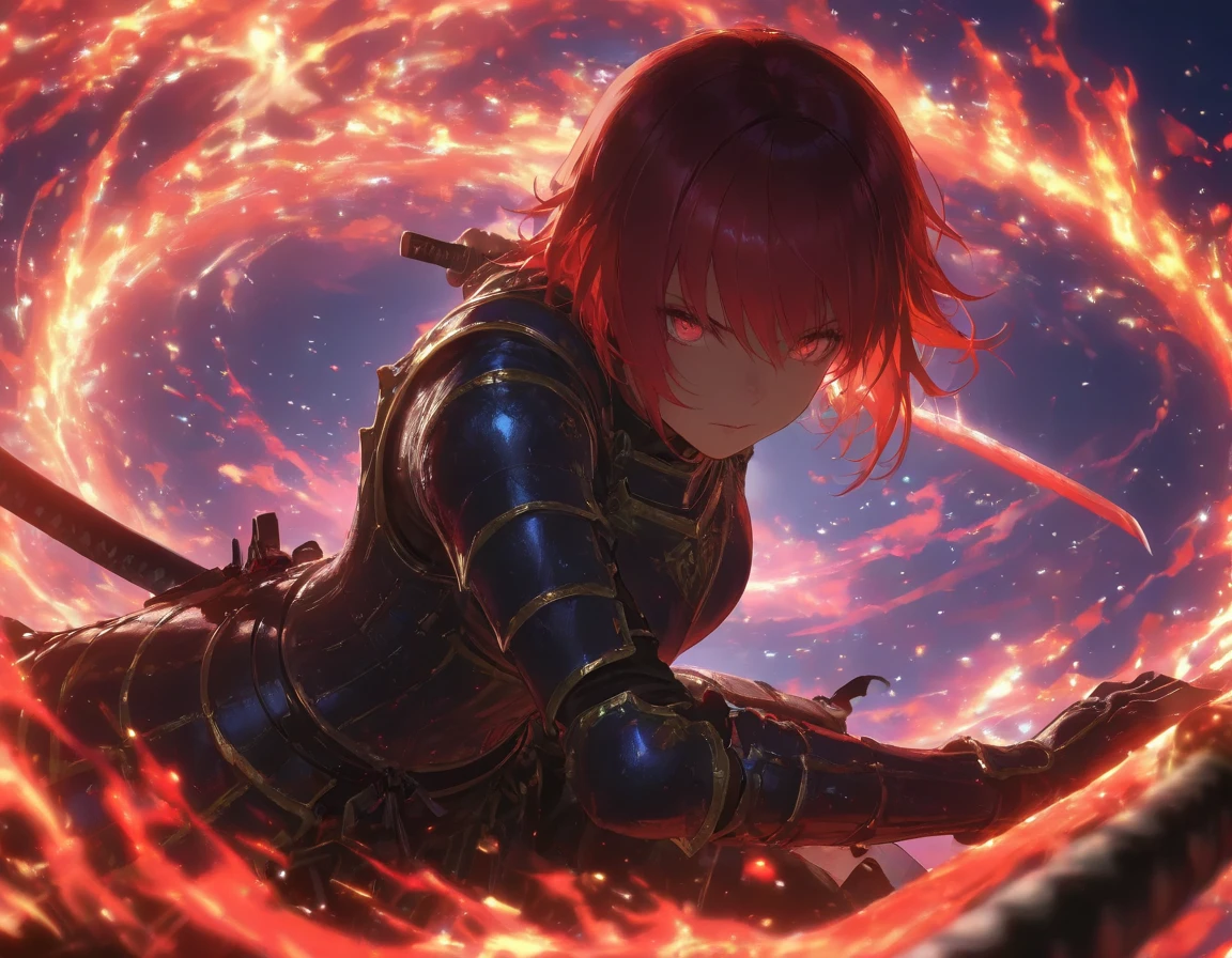 1girl, red hair, messy short hair, attacking pose, middle shot, depth of field, purple katana, dark moody atmosphere, dramatic cinematic lighting, highly detailed, hyper realistic, 8k, photorealistic, masterpiece, sharp focus, studio lighting, physically-based rendering, extreme detail, vibrant colors, cinematic, cinematography,(katana with Rune), looking at viewer, dragon armor, stylish armor, stylish armor,((dragon background)),