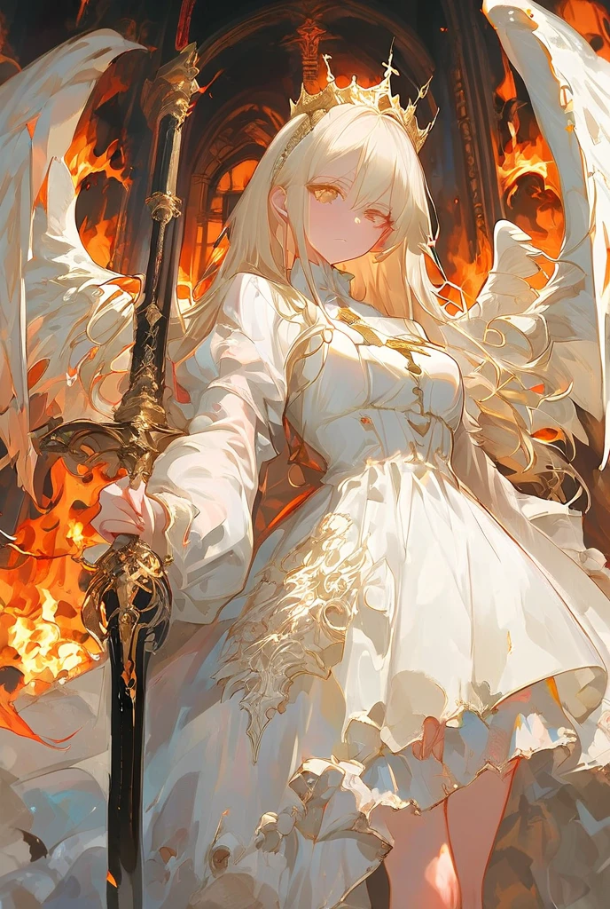anime angel with sword and halo in front of a frame, with fiery golden wings of flame, anime goddess, goddess of anger, holy fire spell art, anime fantasy illustration, anime epic artwork, with fiery golden wings, by Yang J, digital art on pixiv, full portrait of elementalist, demon anime girl, detailed fanart, zerochan art, anime fantasy artwork,wings detailed,weapon,wepon fire effect detailed,wings white detailed,hair detailed,yellow hair,hair long detailed, detailed hands, clothes black detail, clothes detail, perfect fingers