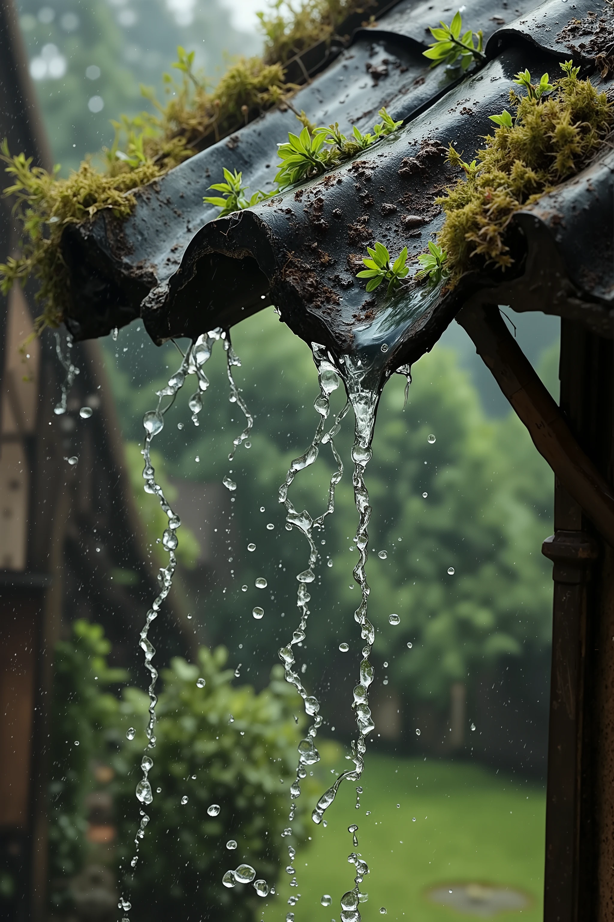 A highly detailed, photorealistic close-up of rainwater streaming off the edge of an old, weathered rooftop with wavy, corrugated tiles. The tiles are aged with moss, dirt, and small green plants sprouting between the grooves, giving the scene a rustic charm. The rainwater flows down in separate streams, forming delicate, twisting droplets mid-air before splashing onto the surface below. The background is blurred, featuring soft greenery and muted tones, enhancing the serene and peaceful atmosphere. The lighting is soft and diffused, with natural overcast tones creating a tranquil, rainy-day ambiance. Each droplet is captured in sharp clarity, emphasizing its motion and reflections. The scene is cinematic and immersive, with a moody and atmospheric quality.