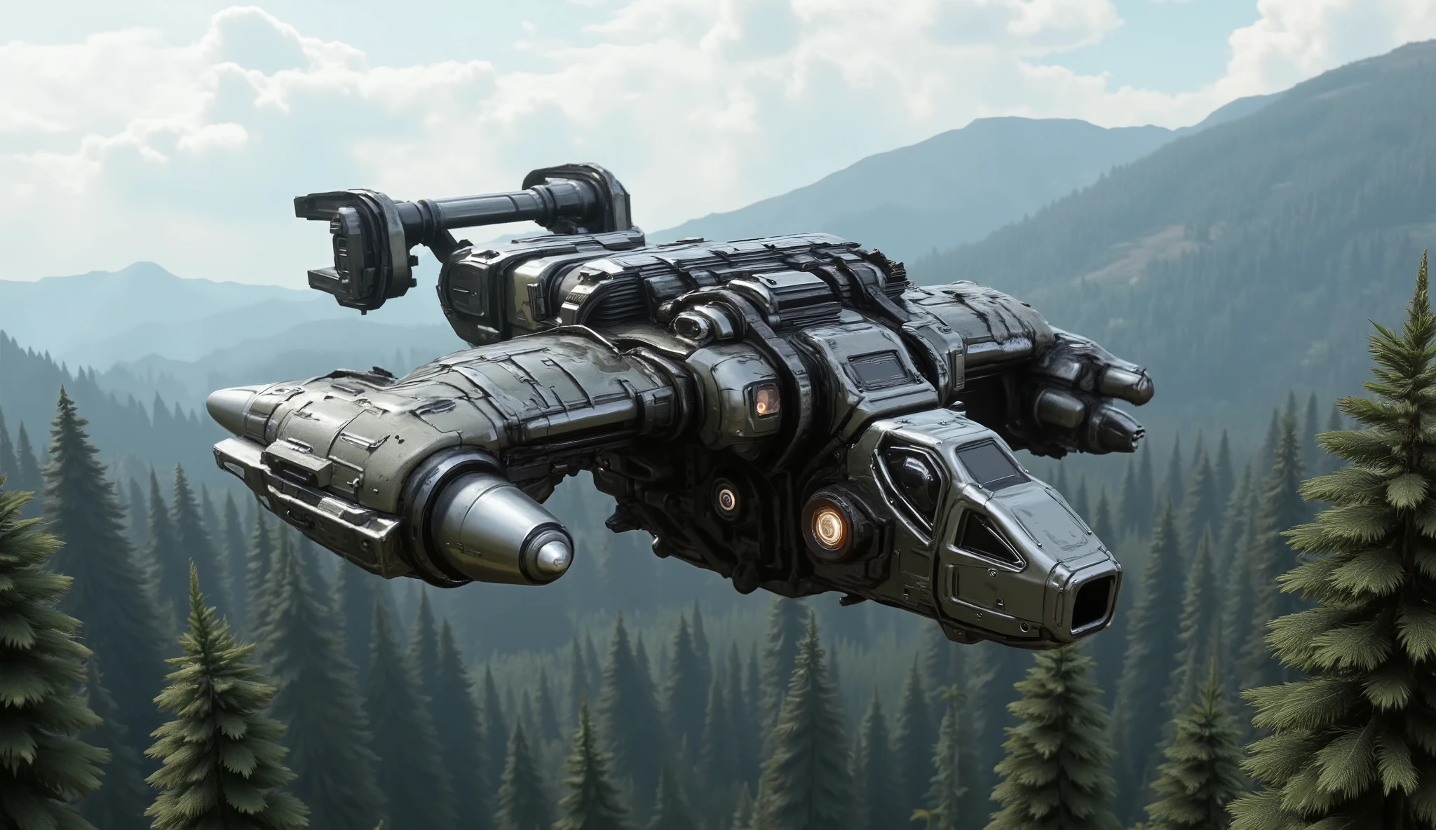 Detailed Description of the Pelican
Design & Structure: The Pelican has a rugged, heavily-armored frame with a military green camouflage paint job. The front cockpit has a reinforced canopy, providing a clear view for the pilot.
Wings & Engines: It features a distinct forward-swept wing design, with tilt-jet engines on either side, allowing for VTOL (Vertical Take-Off and Landing) capabilities.
Weapons: The nose of the Pelican is equipped with a turret-mounted machine gun or a chin-mounted cannon. Some variants also carry rocket pods or heavier armaments.
Cargo & Troop Bay: The rear section has a large ramp that opens to deploy troops, vehicles, or equipment mid-air or upon landing.
Enhanced Text Prompt for AI Image Generation
"A heavily-armored UNSC Pelican dropship soars through the sky above a dense jungle, its engines roaring as it glides effortlessly over the treetops. The thick green canopy stretches below, partially obscured by layers of mist rising from the humid terrain. Sunlight pierces through breaks in the foliage, casting long shadows on the jungle floor. From a bird’s eye view, the Pelican’s rugged military-green frame and forward-swept wings are clearly visible, with its thrusters glowing faintly. The ship's side hatches remain closed, but its rear ramp is primed for a potential aerial deployment. In the distance, faint outlines of mountains loom beyond the jungle, setting the stage for an impending UNSC mission."