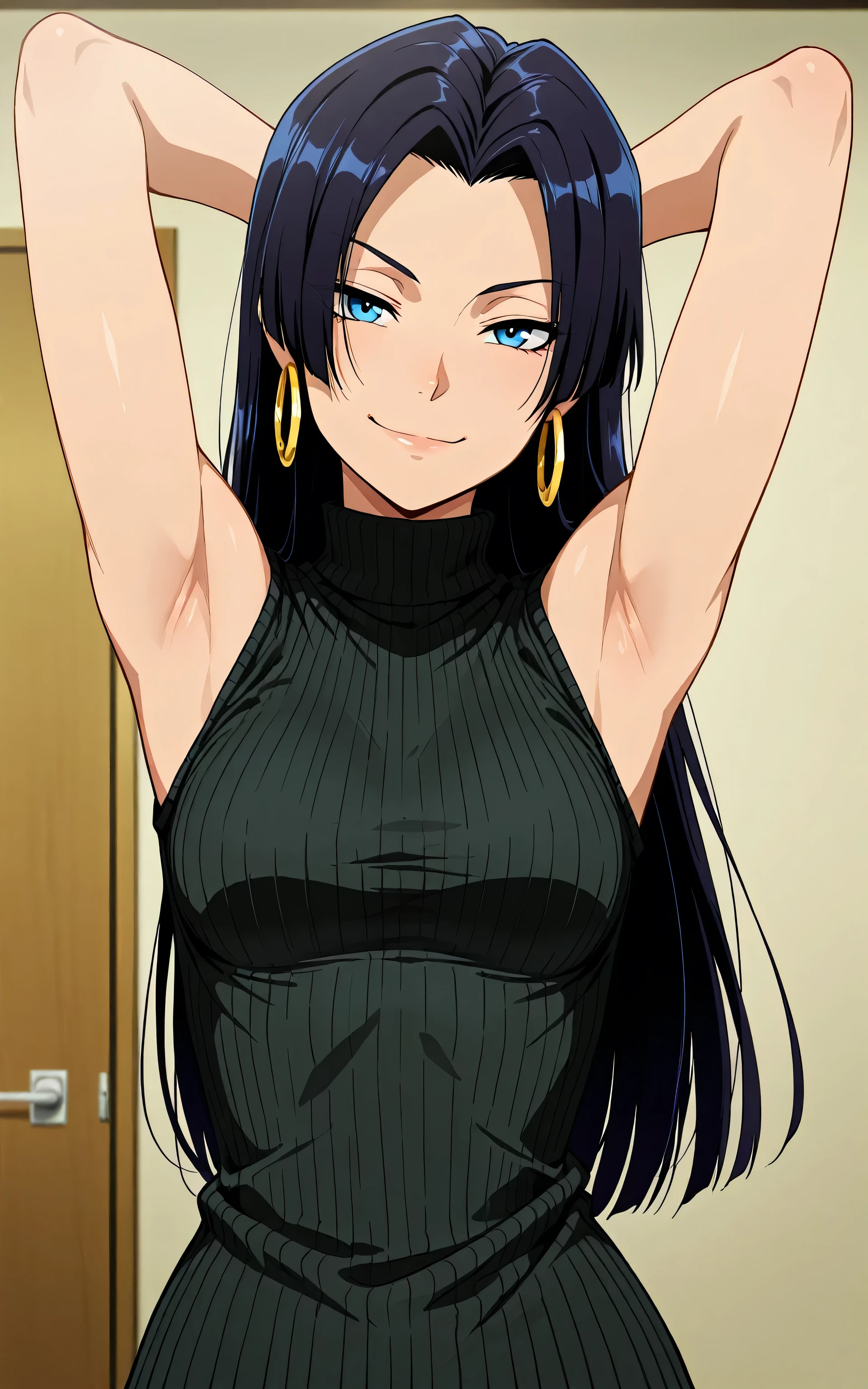 masterpiece, best quality, amazing quality, anime screencap, anime coloring, 1girl, solo, psylocke_vengeance, blue eyes, black hair, straight hair, long hair, hoop earrings, jewelry, black sweater, sleeveless sweater, ribbed sweater, turtleneck, arms behind head, armpits, head towards viewer, looking at viewer, smile, smug, front light, indoors, bare shoulders, bare arms