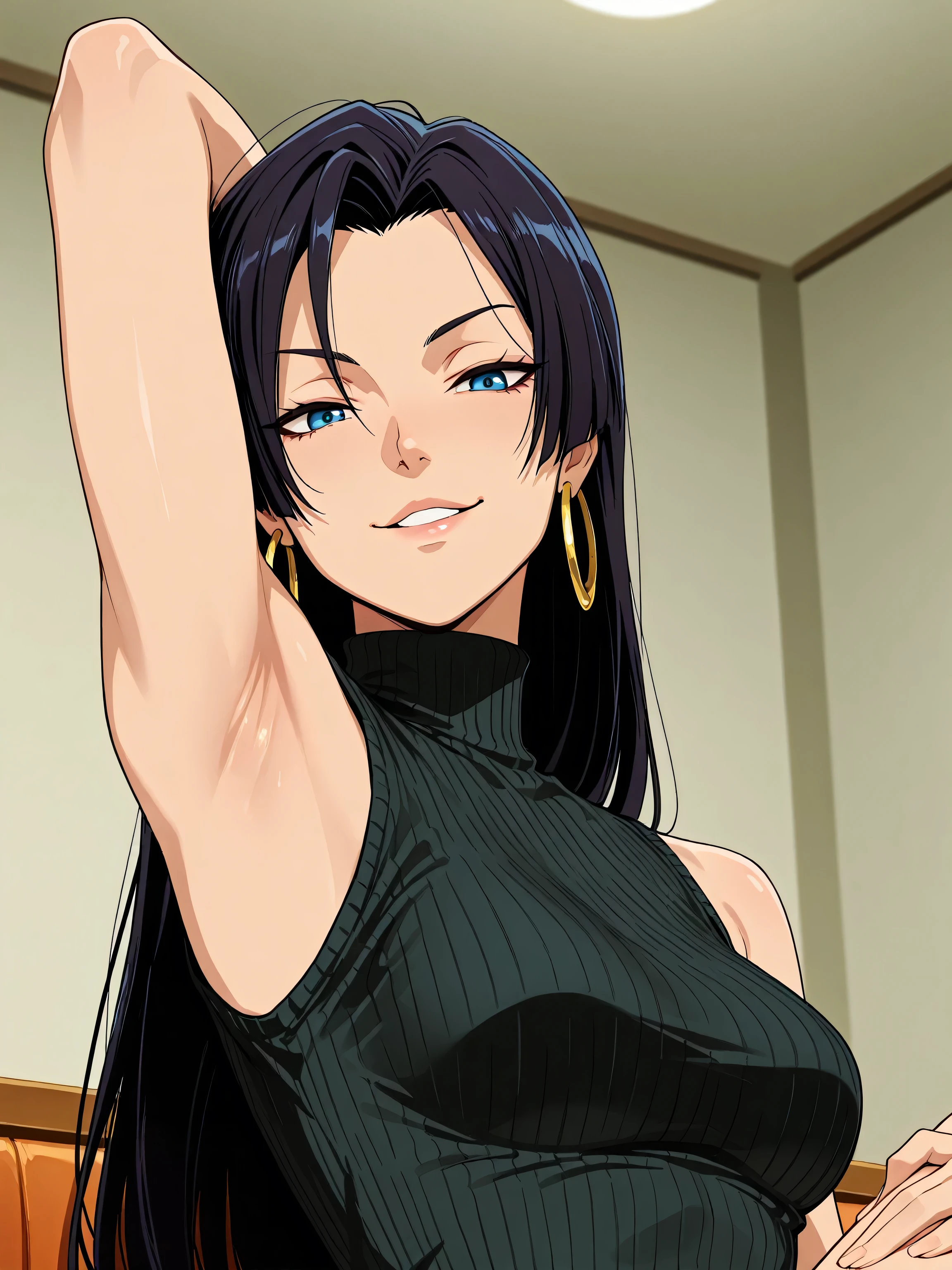 masterpiece, best quality, amazing quality, anime screencap, anime coloring, 1girl, solo, psylocke_vengeance, blue eyes, black hair, straight hair, long hair, hoop earrings, jewelry, black sweater, sleeveless sweater, ribbed sweater, turtleneck, arm behind head, armpit, head towards viewer, looking at viewer, smile, bare shoulders, bare arms, smug, front light, indoors, on viewer's lap, armpit into viewer's face, parted lips 