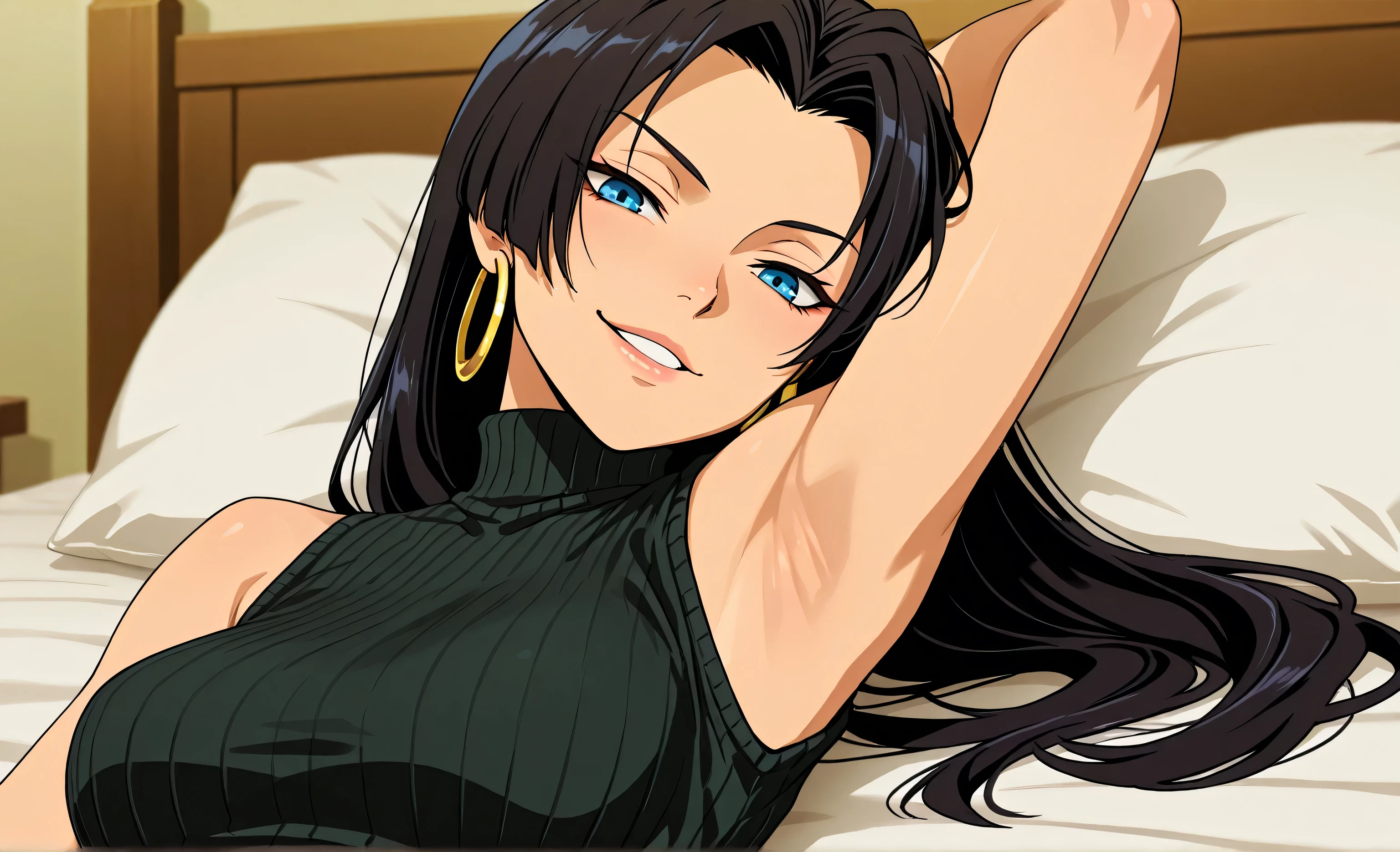 masterpiece, best quality, amazing quality, anime screencap, anime coloring, 1girl, solo, psylocke_vengeance, blue eyes, black hair, straight hair, long hair, hoop earrings, jewelry, black sweater, sleeveless sweater, ribbed sweater, turtleneck, arm behind head, armpit, head towards viewer, looking at viewer, smile, bare shoulders, bare arms, smug, front light, lying in bed, parted lips