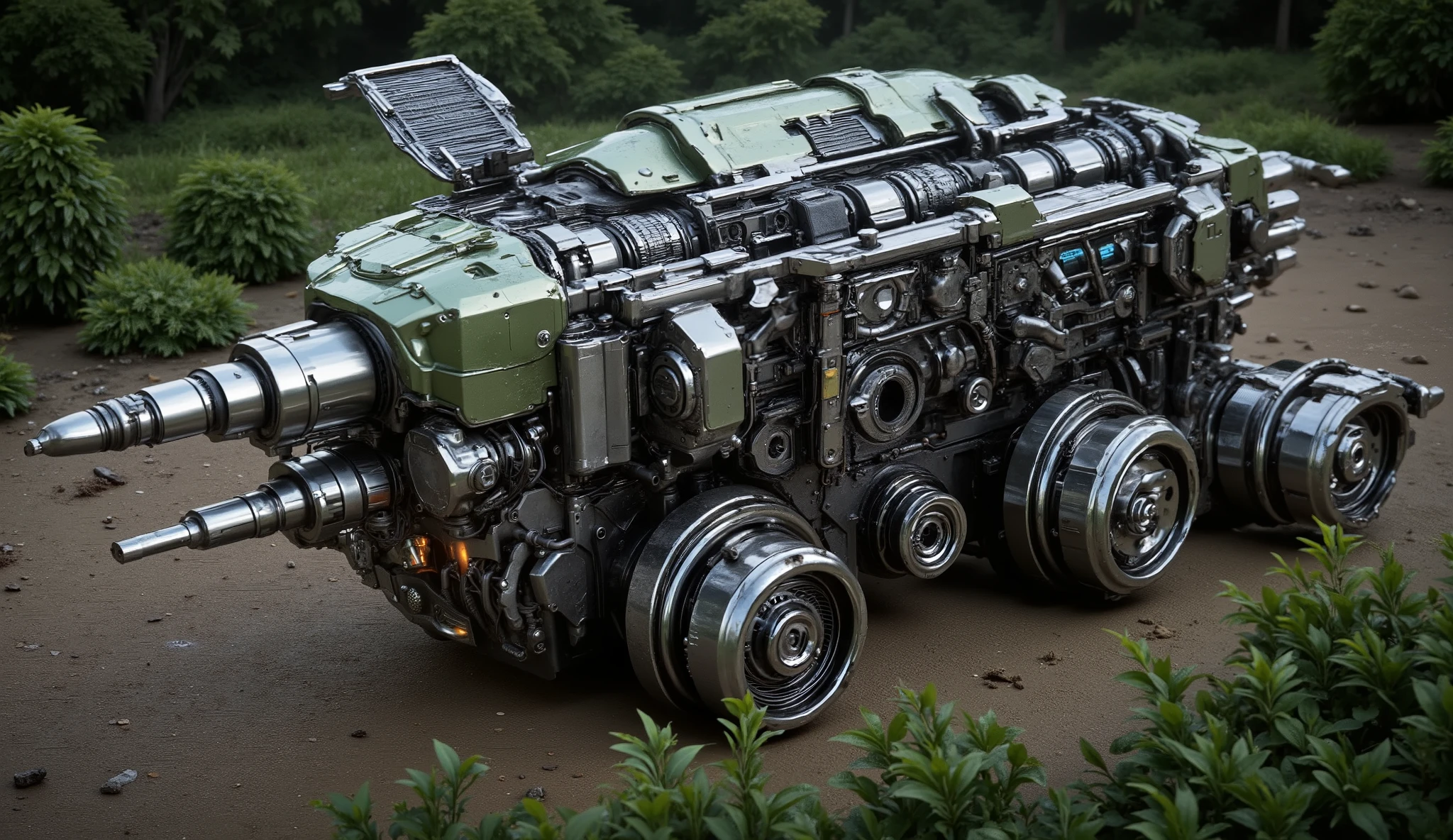 The vehicle in the image appears to be a futuristic, heavily-armored transport vehicle, possibly a military personnel carrier or a mobile command center. The intricate cutaway view showcases its internal mechanics, weaponry, and power systems, highlighting its complex and rugged design.
Detailed Description of the Transport Vehicle
Armor & Structure: The exterior is heavily plated with green military-grade composite armor, designed to withstand high-impact explosions and enemy fire. The surface has worn metal plating, rivets, and reinforced edges, giving it a battle-hardened look.
Wheels & Mobility: The vehicle utilizes four massive, cylindrical treads that are likely hover-assisted or self-adjusting for all-terrain movement. These powerful wheel housings suggest the transport can traverse harsh, war-torn environments, rocky landscapes, and dense jungles with ease.
Interior Design & Systems: The cutaway view reveals an intricate network of cables, control panels, fuel systems, and mechanical compartments. The central cockpit area is illuminated with blue lights, indicating an advanced AI-assisted navigation system.
Weaponry & Defense: The transport appears to have hidden turrets, automated drone deployment bays, or missile pods, making it not just a transport, but a potential mobile fortress.
Purpose: This vehicle seems designed for long-range missions, carrying troops, supplies, and technology deep into hostile environments. It could serve as a command outpost, a repair station, or a heavy-duty armored personnel carrier in battle.
Enhanced Text Prompt for AI Image Generation
"A colossal, heavily-armored military transport rumbles through the dense jungle, its massive reinforced treads carving deep tracks into the muddy terrain below. The vehicle’s rugged, green exterior is battle-worn, with scratches and dents from previous encounters. From a bird’s eye view, the transport's intricate mechanical systems are partially visible through open maintenance hatches, revea