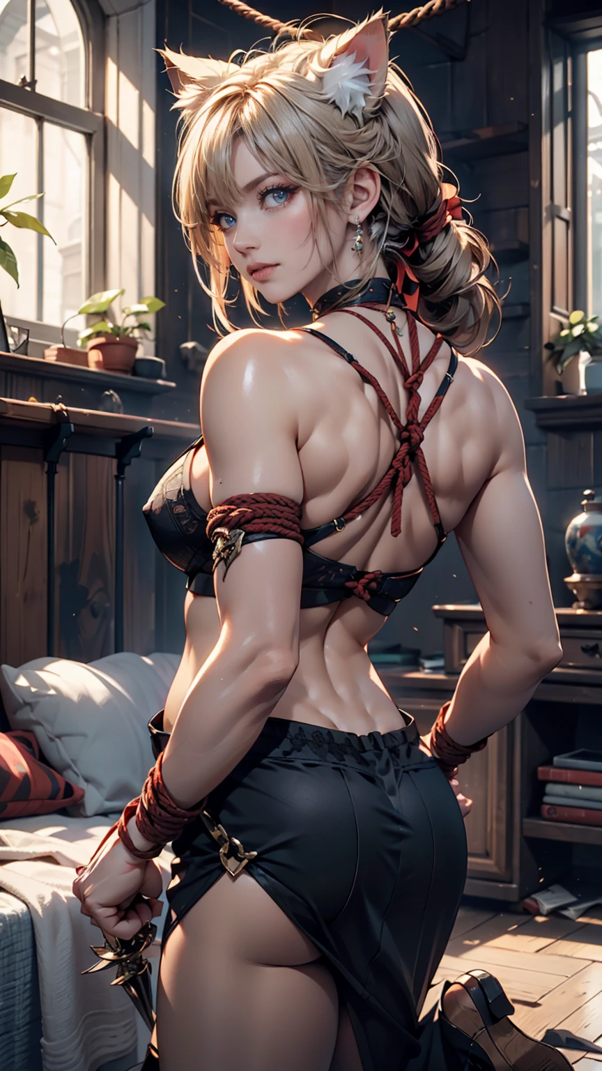 from behind, super high image, super detail, super high resolution, Japanese carving tattoo all over the back of a beautiful woman sitting cross-legged, light brown glossy ponytail, huge breasts, abs, armpit, professional lighting