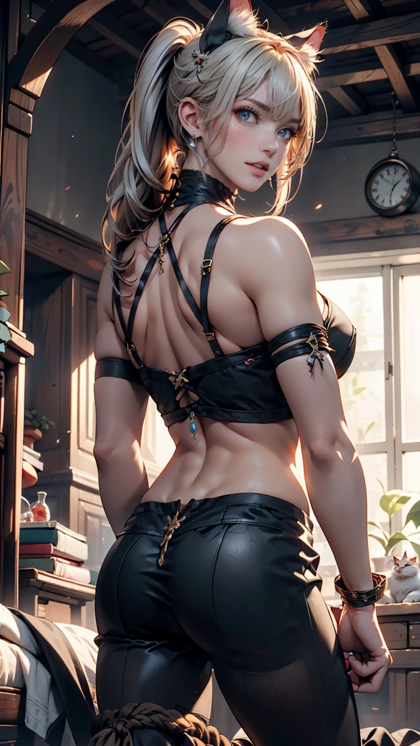 Pretty white 1woman, camel toe, (showing her back: 1.5), (raising her hands up in the air touching her hair: 1.2), (two hands: 1.2), slim waist, her head turning to the side, curvy body, seducing look, tattoos on her back, very hot, ultra high detailed skin texture, with a powerful presence, dark fantasy, 8k image quality, close shot, digital art, detailed, magnificent, mind blowing, masterpiece, fantastic pose, terrific body, perfectly detailed face, UHD, (perfect body: 1.6)