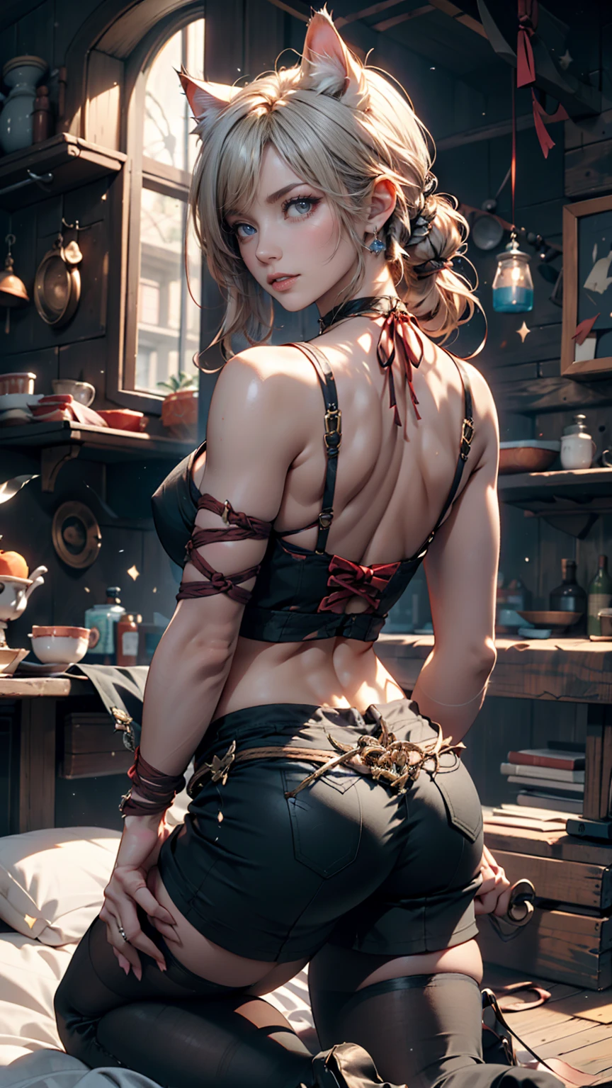 burgundy hair, brown skin, intricate laced lingerie, detailed gorgeous face, beautiful mature aboriginal girl, long braided burgundy hair, large_breast, toned stomach, ample hips, mesmerizing accentuated detailed big booty, looking_back, showing midriff, (photorealistic, photorealism), (8k, RAW photo, highest quality, masterpiece, ultra-high resolution, physically-based rendering), 