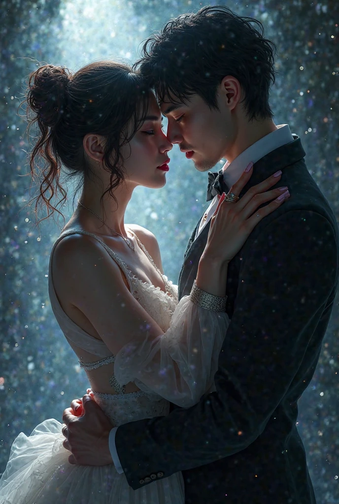 (upper body shot , back view) of two lovers dancing closely, detailed face, located in a romantic scene at a secluded bridge over a tranquil river during afternoon with rainy weather, illuminated by starlight, creating a intimate atmosphere, detailed face, ,Masterpiece,best quality, photo, realistic, very aesthetic
