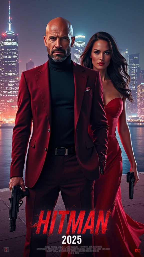 Um homem mafioso apenas com colete e camisa social. He has short, slicked back black hair., He is brown and has a serious expression, intimidadora, fria e profunda. He is accompanied by a woman who is wearing a red silk dress, She's a brunette with long hair, parda, e tem tatuagens. There's some other mobsters after them.