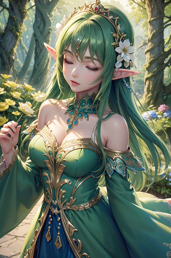 uma dryad; beautiful and sculptural toned body; rosto angelical; scenery with strong and vivid colors; beautiful lips; focused and ultra detailed eyes; uhd; royal leaf clothing, greens and vines with colorful flowers, 