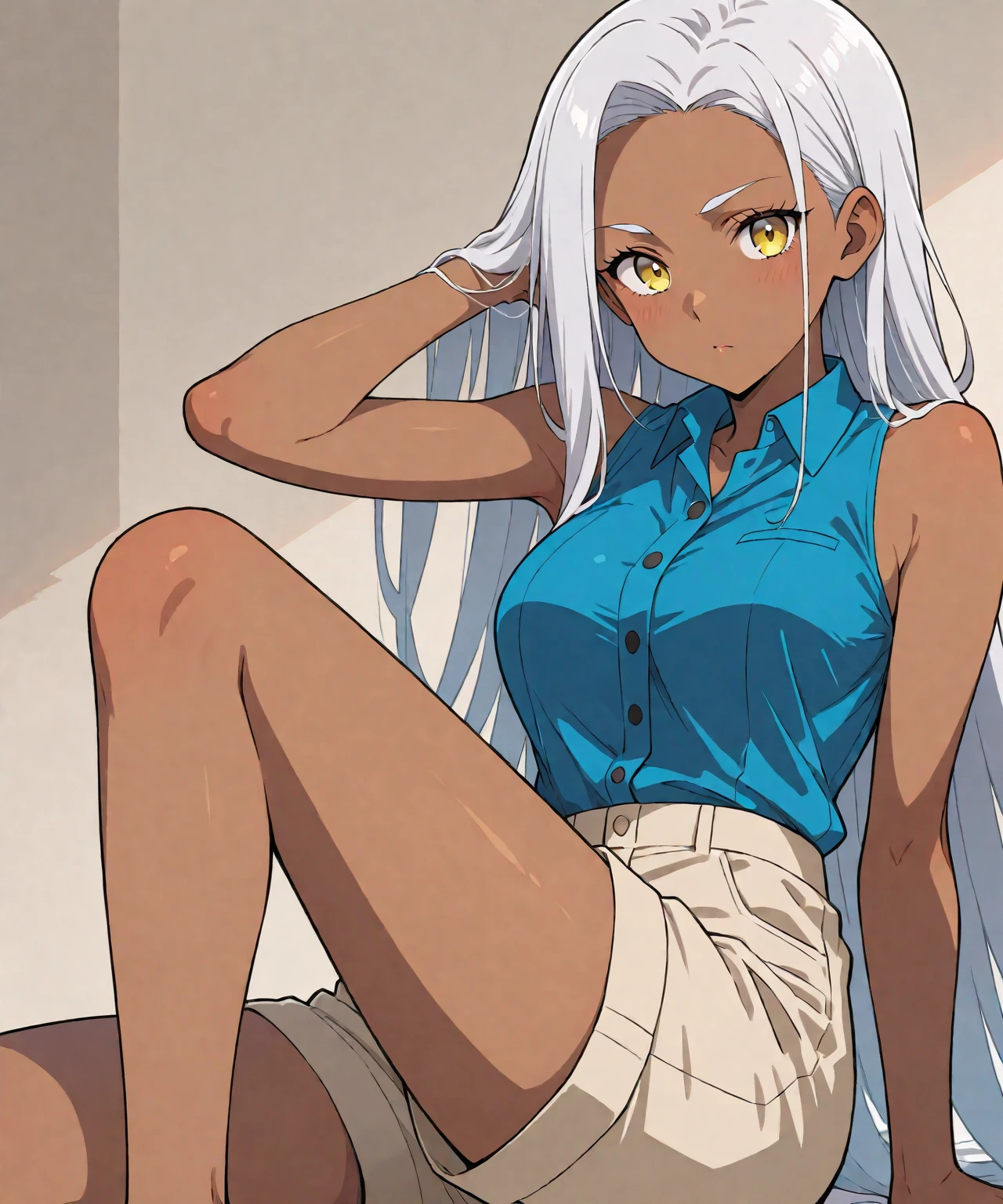 close-up, mirko mha, 1girl,solo,dark-skinned female, dark skin, large breasts, white shirt, belt , collarbone, collared shirt, formal, shirt tucked in, open shirt, black pant,looking at viewer,  rabbit ears, rabbit girl, white hair, long hair, muscular female, red eyes, smile, smug, <lora:mirko:1>, bedroom scenery,