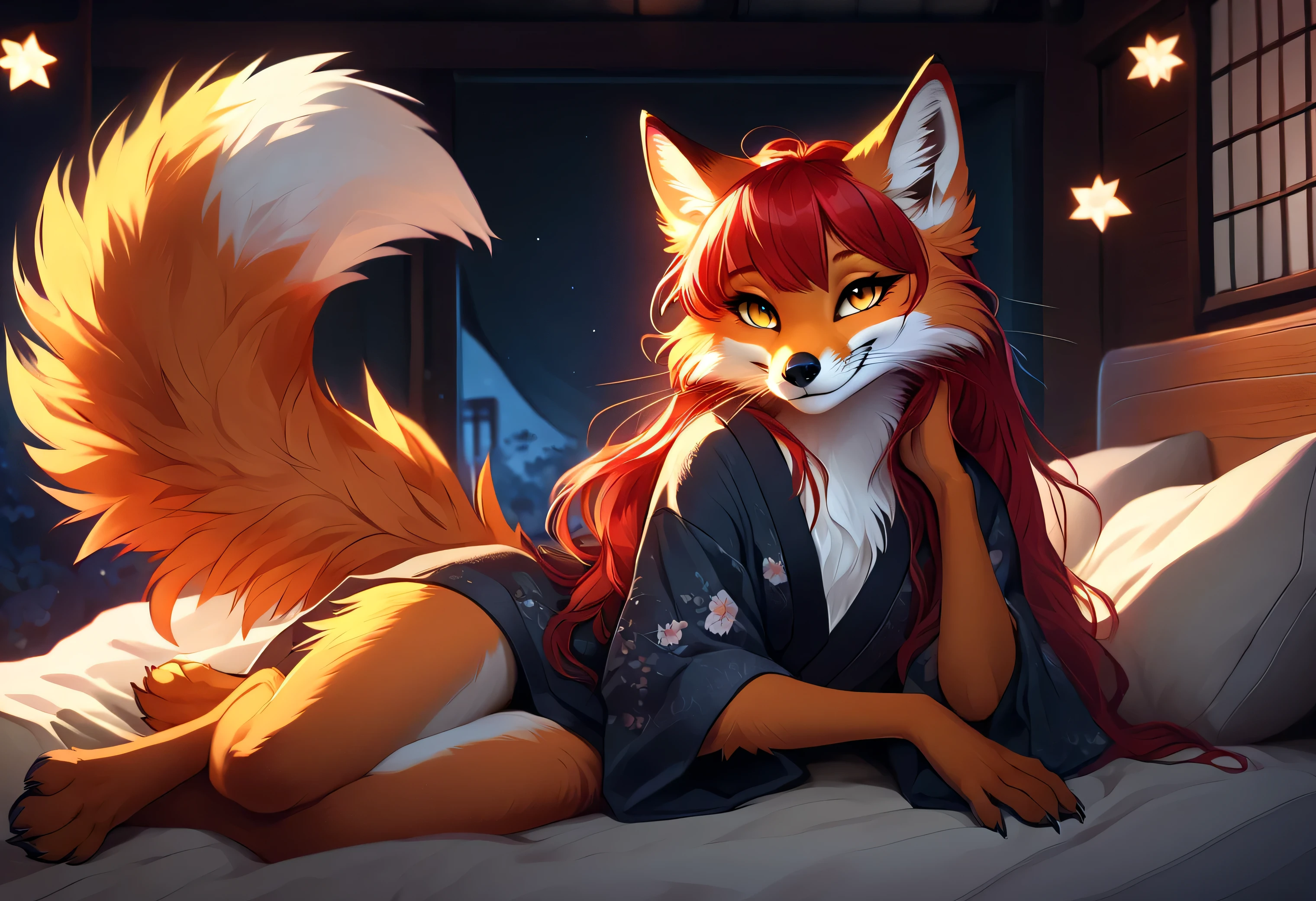 Solo、unpralleled masterpiece、Detailed、 Beautiful、 score_9、 score_8_up、 score_7_up、moody atmosphere、mysterious、fox、anthro、furry、female、orange fur、(long hair、beautiful hair、scarlet red hair、side swept hair、bangs)、yellow eyes、(tuft of fur)、(digitigrade、claws、fox paws、exposed feet)、(foxy whiskers)、(heavily shaded orange body、dark black shading on body)、(sassy pose、sassy hips、sassy、flirtatious)、fluffy tail、(light smile、soft smile)、wearing yukata、(lying on a comfy bed、pillow)、night、incantations on wall、gazing at viewer with side eye