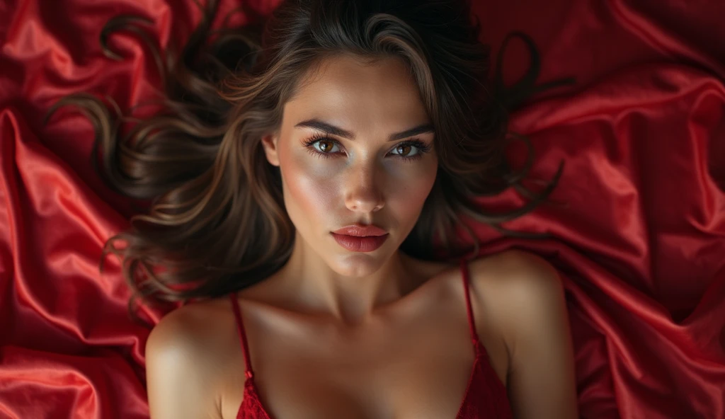 a woman lying on a bed in red lingerie, sensual gaze, beautiful detailed eyes, beautiful detailed lips, extremely detailed face, long eyelashes, soft lighting, warm color palette, romantic atmosphere, (best quality,4k,8k,highres,masterpiece:1.2),ultra-detailed,(realistic,photorealistic,photo-realistic:1.37),high quality portrait,dramatic lighting,cinematic composition