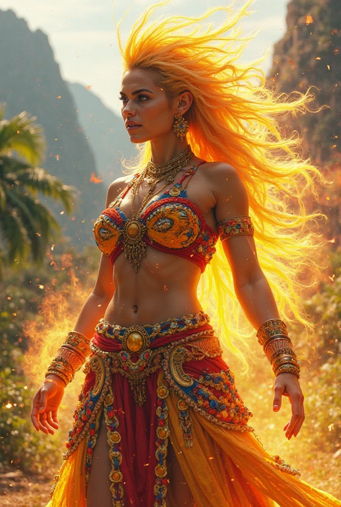 uma mulher em um vestido com um fogo no fundo, aparece como a deusa do fogo, deusa do fogo quente, karol bak uhd, Ela tem poderes de fogo, Deusa do fogo, vestido feito de fogo, Annasophia Robb como Afrodite, A Deusa Borboleta do Fogo, deusa do fogo, com asas douradas ardentes de chama, Natalie Portman como uma deusa